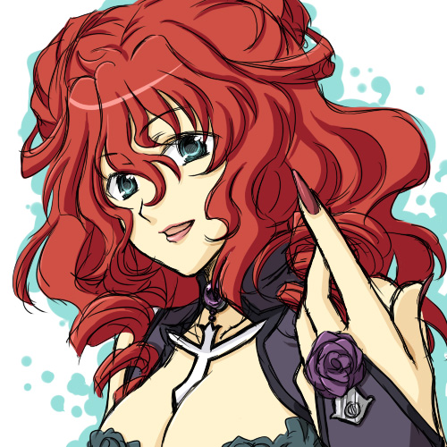 hitsuji gatsu, mizuki kaya, xine espio, banpresto, super robot wars, super robot wars z, super robot wars z1, lowres, 1girl, blue eyes, bridal gauntlets, curly hair, female focus, lipstick, makeup, red hair, solo