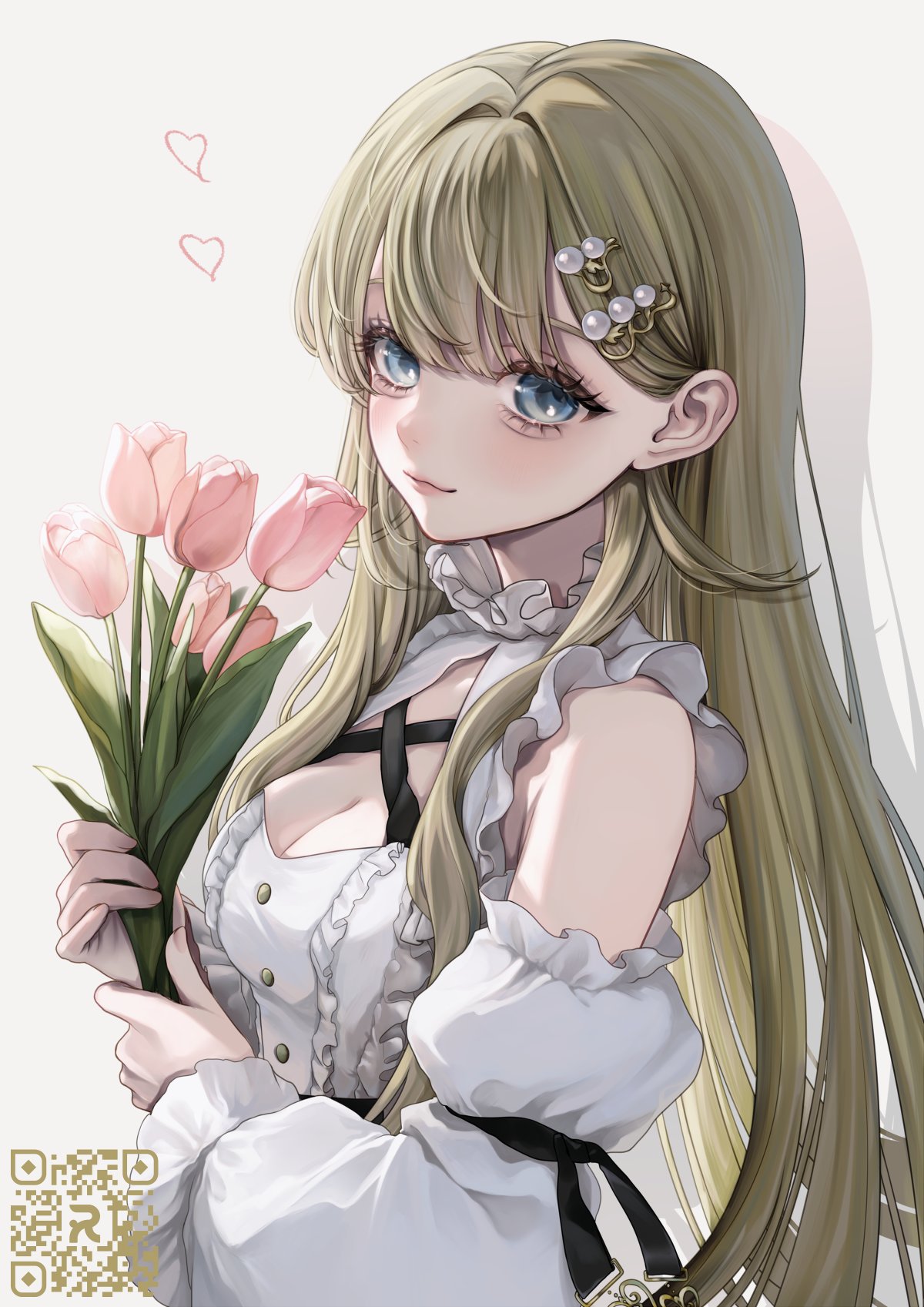rereet t, hanabusa lisa, hanabusa lisa (1st costume), vspo!, highres, 1girl, aegyo sal, blonde hair, blue eyes, breasts, cleavage, closed mouth, detached sleeves, eyelashes, flower, hair ornament, hairclip, holding, holding flower, juliet sleeves, long hair, long sleeves, looking at viewer, pink flower, pink tulip, puffy sleeves, qr code, simple background, smile, solo, tulip, upper body, virtual youtuber, white background