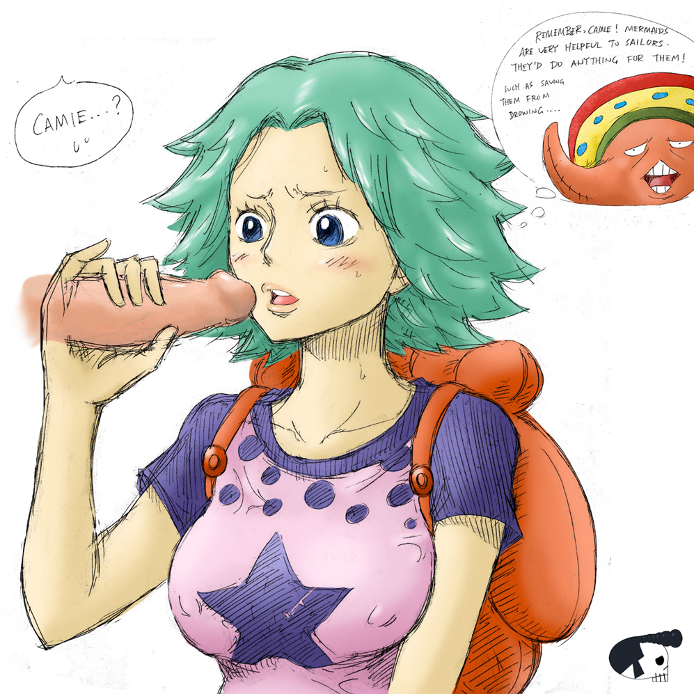 kurita, camie (one piece), pappug, one piece, 1girl, blue eyes, blush, breasts, covered erect nipples, disembodied penis, fellatio, green hair, hetero, large breasts, mermaid, monster girl, oral, penis, raglan sleeves, shirt, tight clothes, tight shirt, uncensored