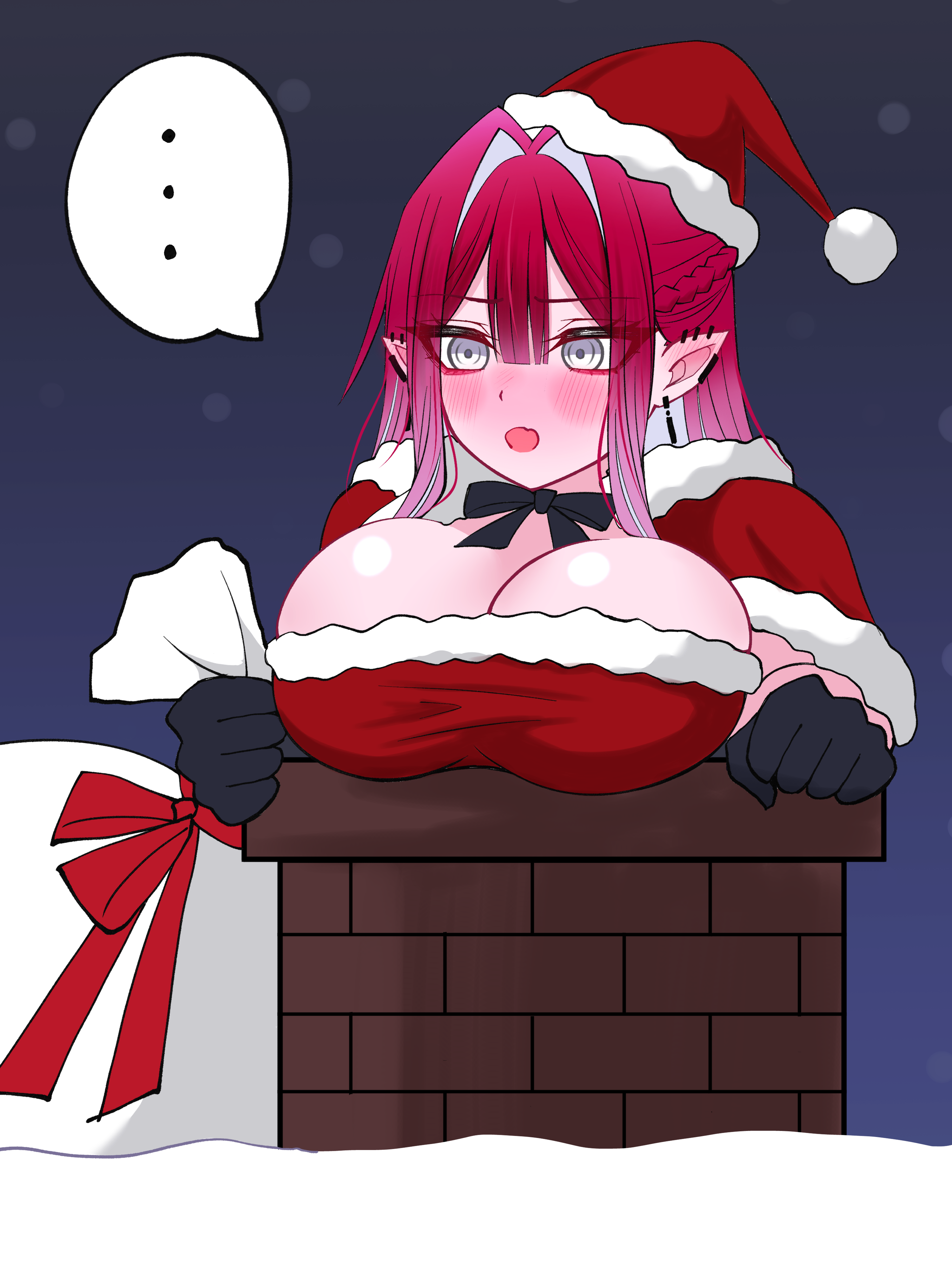 mcpc zamurai, baobhan sith (fate), santa claus, fate/grand order, fate (series), absurdres, highres, blush, breasts, chimney, christmas, cleavage, gift bag, grey eyes, hat, long hair, open mouth, red hair, santa costume, santa hat, snow, speech bubble, stuck