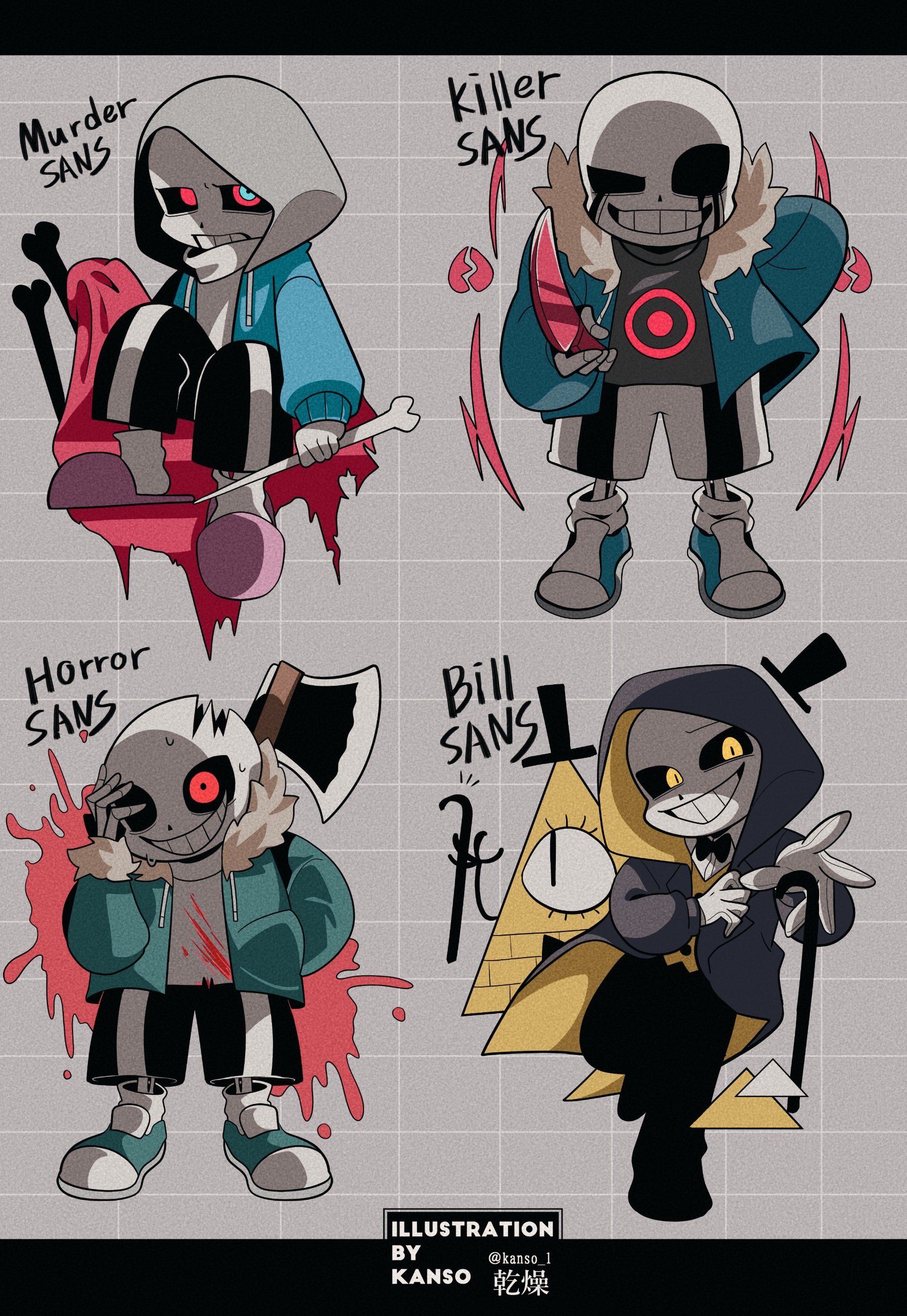 kansou (kanso 1), bill cipher, sans (undertale), soul (deltarune), dusttale, gravity falls, horrortale, undertale, utdr (toby fox), absurdres, bad id, bad pixiv id, highres, inactive account, 4boys, :d, alternate universe, ankle socks, arm behind back, axe, black bow, black bowtie, black coat, black hat, black pants, black sclera, black shoes, blue eyes, blue jacket, blue shoes, bone, bow, bowtie, broken heart, cane, character name, clenched teeth, coat, collared shirt, colored sclera, drawstring, fewer digits, film grain, full body, fur-trimmed jacket, fur trim, gloves, glowing, glowing eye, glowing eyes, grey background, grey hood, grey sweater, grid background, grin, hat, hat tip, heart, holding, holding bone, holding cane, holding knife, hollow eyes, hood, hood up, hooded coat, hooded jacket, jacket, killer sans, knife, letterboxed, long sleeves, male focus, mini hat, mini top hat, multicolored eyes, multiple boys, multiple persona, open clothes, open coat, open jacket, open mouth, pants, pink slippers, puffy long sleeves, puffy sleeves, reaching, reaching towards viewer, red eyes, red scarf, scarf, shirt, shoes, shorts, simple background, sitting, skeleton, slippers, smile, socks, standing, standing on one leg, sweat, sweater, teeth, top hat, traditional bowtie, turtleneck, turtleneck sweater, twitter username, two-sided coat, two-sided fabric, two-tone eyes, undertale: something new, uneven eyes, vest, watermark, white gloves, white shirt, white shorts, white socks, white sweater, yellow coat, yellow eyes, yellow vest