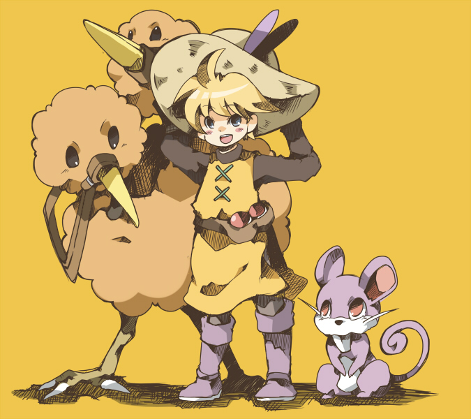 chachi, chachi (azuzu), doduo, rattata, yellow (pokemon), nintendo, pokemon, pokemon adventures, 1girl, androgynous, gen 1 pokemon, hat, pokemon (creature), ponytail, reverse trap, tabard