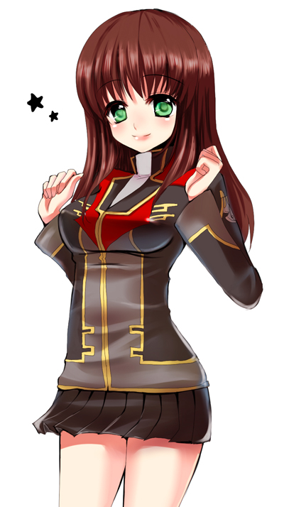 yui (pixiv76319), yui tooru, setsuko ohara, banpresto, super robot wars, super robot wars z, super robot wars z1, uniform, bad id, bad pixiv id, 1girl, black skirt, brown hair, emblem, female focus, green eyes, long hair, looking at viewer, miniskirt, pleated skirt, simple background, skirt, solo, standing, thighs, white background