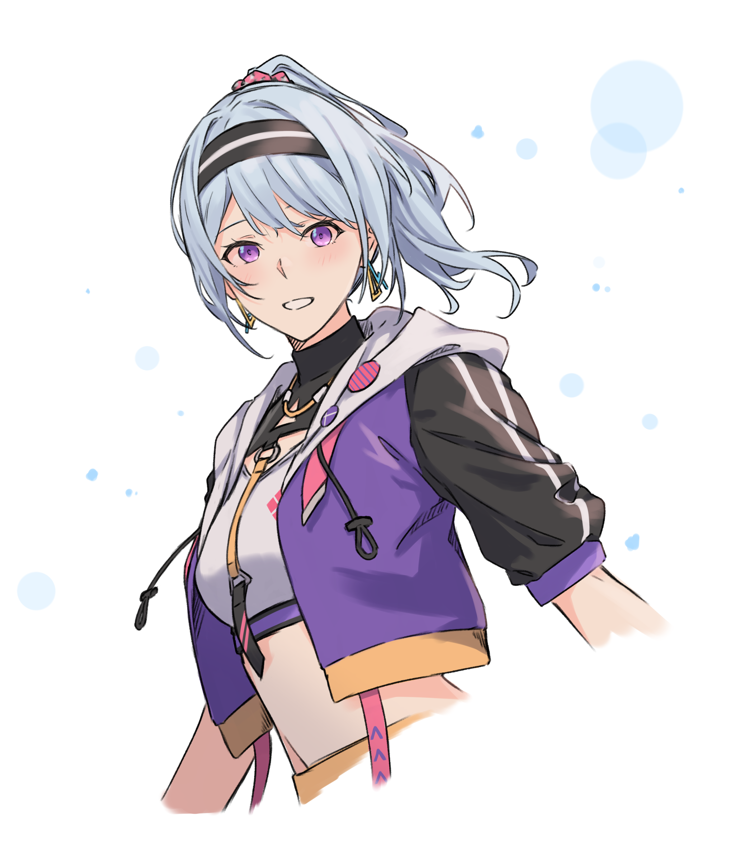 kanade (kanade 3344), matsubara kanon, bang dream!, absurdres, commentary request, highres, 1girl, black hairband, blue hair, crop top, earrings, hairband, jacket, jewelry, light particles, looking at viewer, midriff, open clothes, open jacket, open mouth, ponytail, purple eyes, purple jacket, short sleeves, solo, white background