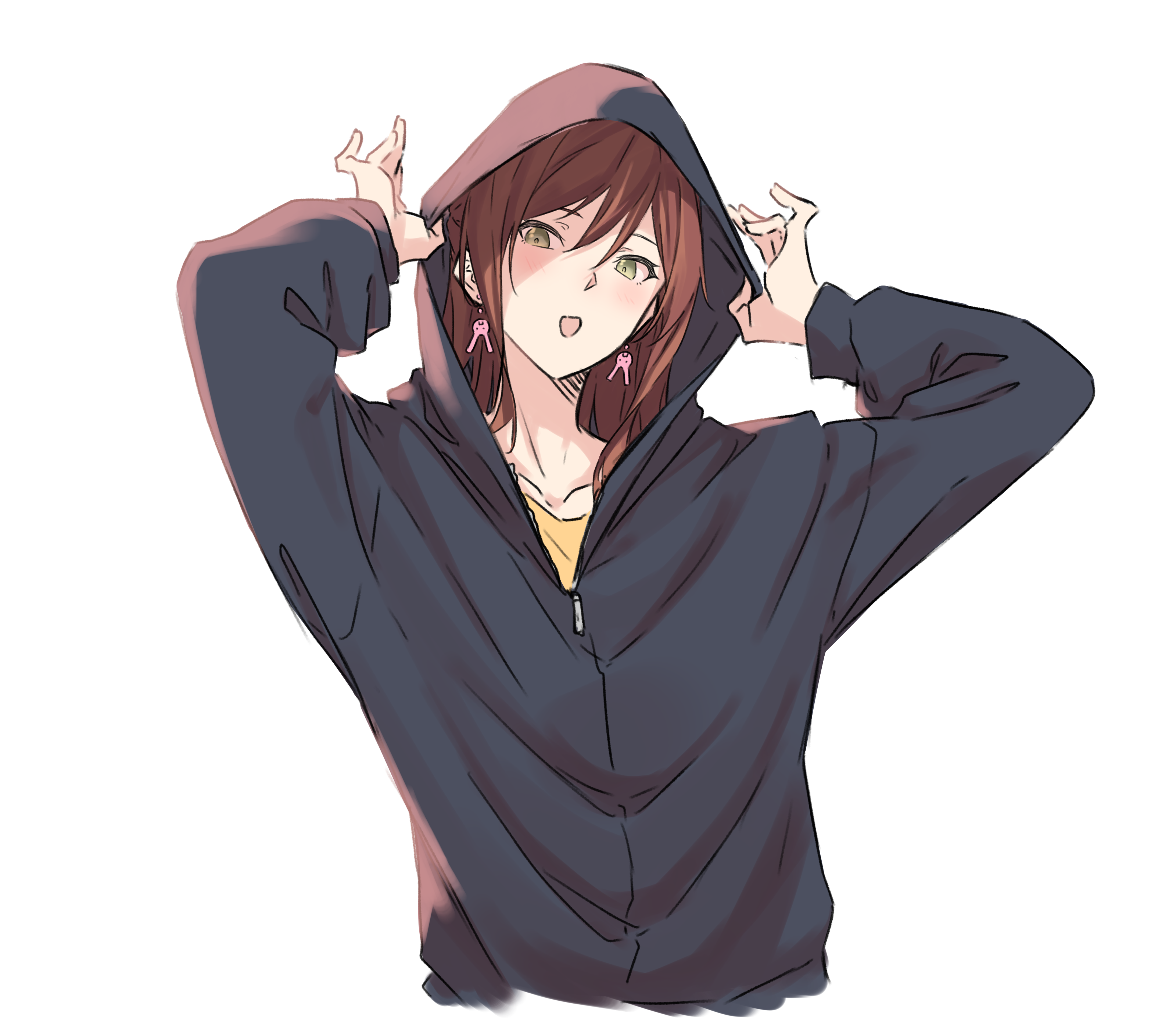 kanade (kanade 3344), imai lisa, bang dream!, absurdres, commentary request, highres, 1girl, black jacket, brown hair, earrings, green eyes, hair between eyes, hood, hood up, hooded jacket, jacket, jewelry, long hair, open mouth, simple background, solo, upper body, white background