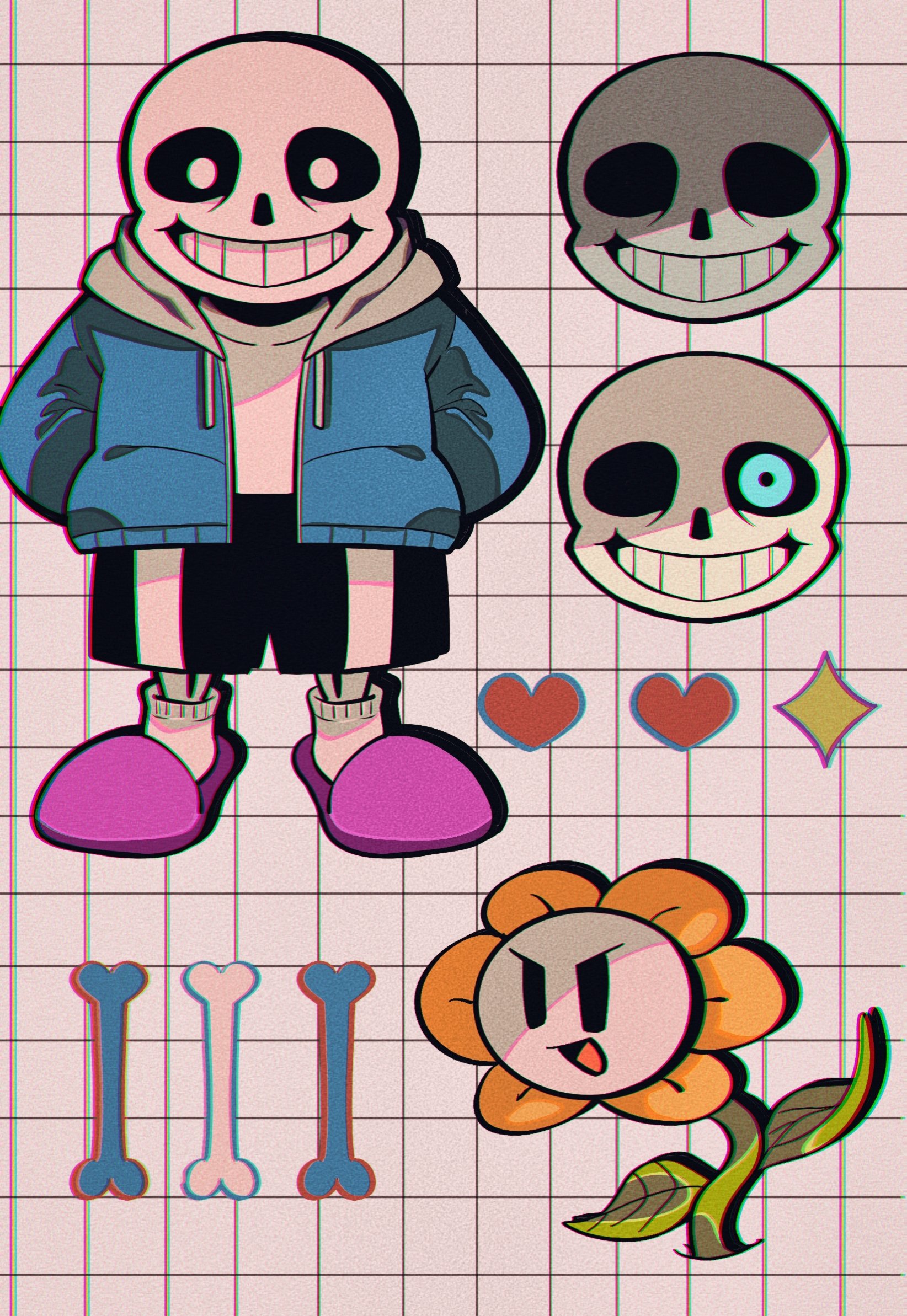 kansou (kanso 1), flowey (undertale), sans (undertale), soul (deltarune), undertale, utdr (toby fox), bad id, bad pixiv id, highres, inactive account, 1boy, :d, ankle socks, black eyes, black sclera, black shorts, blue eyes, blue jacket, bone, chromatic aberration, colored sclera, drawstring, film grain, flower, grey background, grey hood, grin, hands in pockets, heart, hollow eyes, hood, hooded jacket, jacket, leaf, open clothes, open jacket, open mouth, pink slippers, shirt, shorts, simple background, slippers, smile, socks, sparkle, standing, straight-on, tongue, white eyes, white shirt, white socks, yellow flower