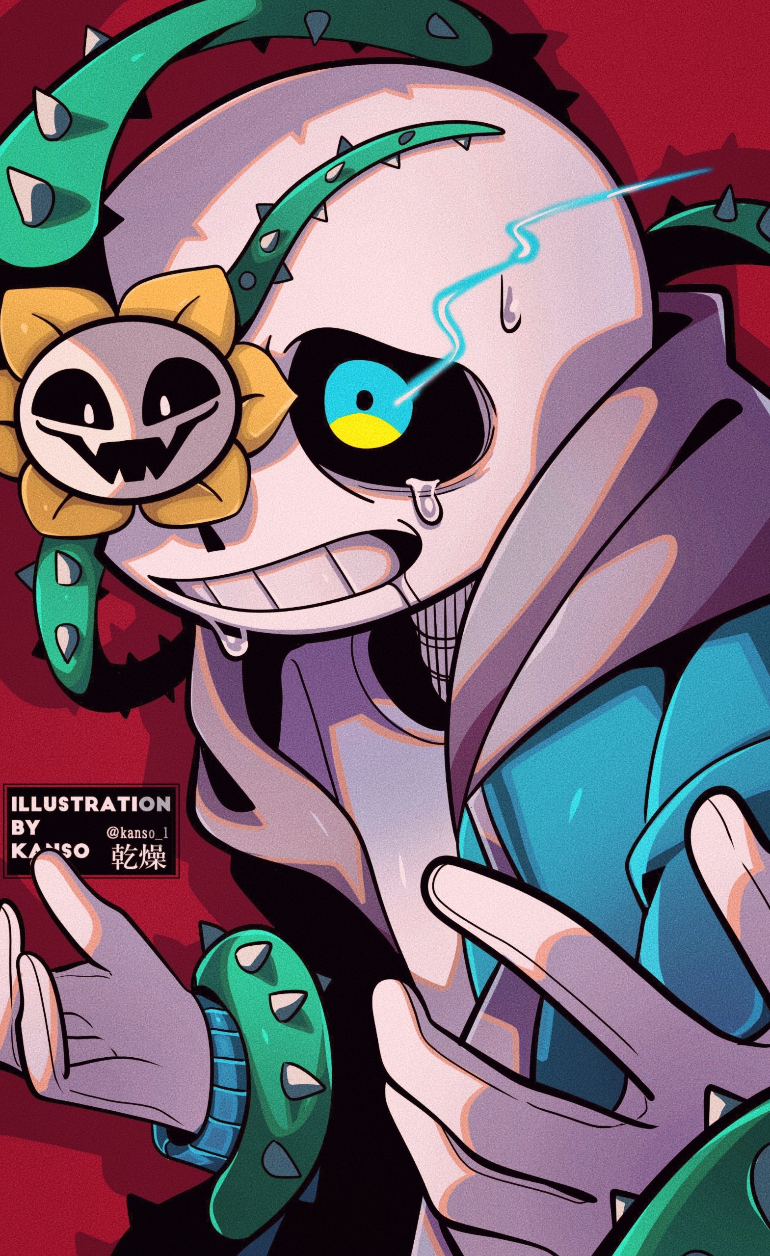 kansou (kanso 1), flowey (undertale), sans (undertale), undertale, utdr (toby fox), absurdres, bad id, bad pixiv id, highres, inactive account, 1boy, :d, alternate universe, aqua eyes, blue jacket, drawstring, drop shadow, fangs, film grain, flaming eye, flower, flower over eye, gloves, grey hood, grin, hands up, hood, hood down, hooded jacket, jacket, long sleeves, looking ahead, looking at viewer, male focus, multicolored eyes, one eye covered, open clothes, open jacket, open mouth, red background, saliva, shirt, simple background, skeleton, skin fangs, smile, solo focus, sweat, tearing up, thorns, twitter username, two-tone eyes, upper body, watermark, white eyes, white gloves, white shirt, yellow eyes, yellow flower