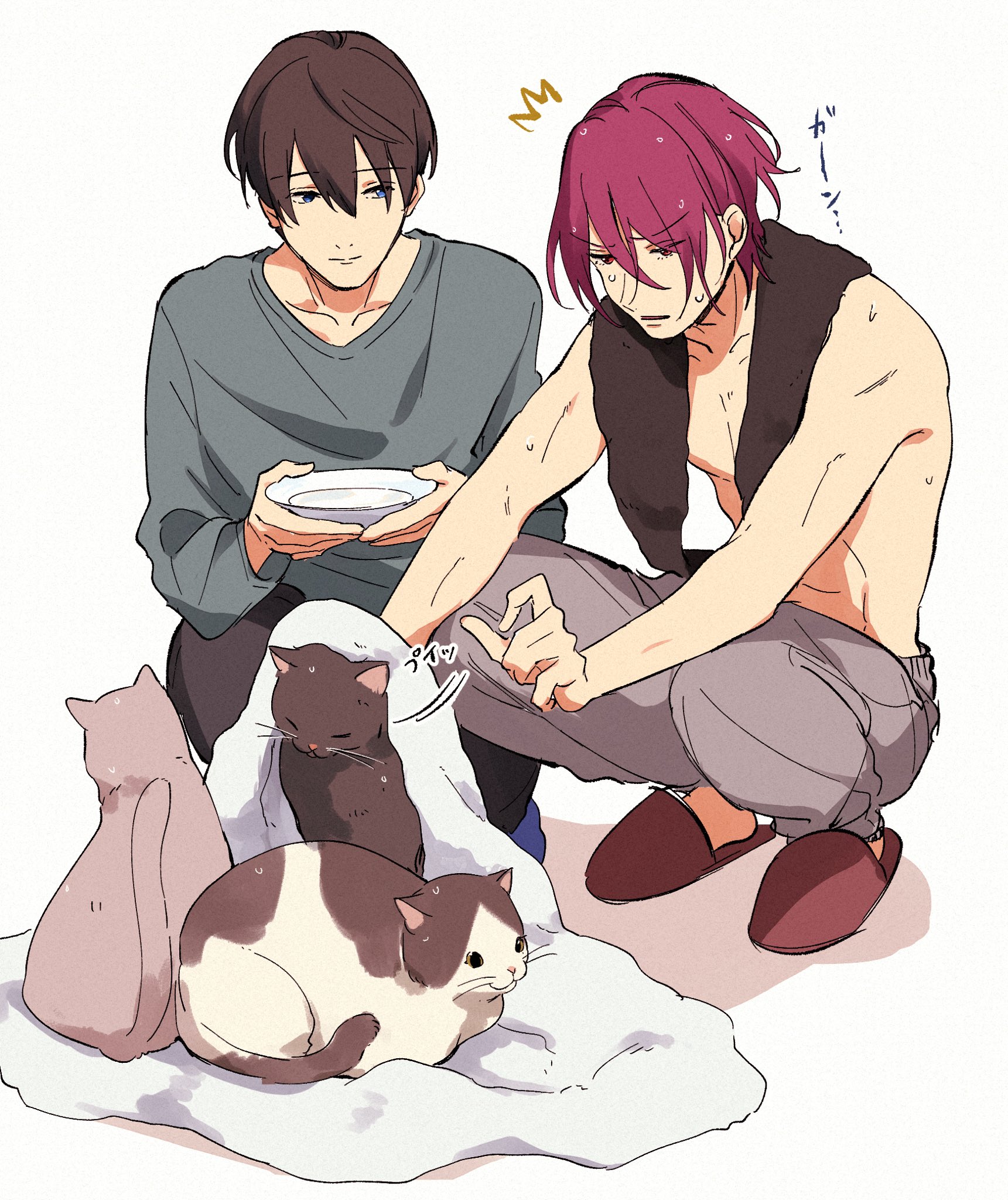 matsuoka rin, nanase haruka (free!), free!, highres, 2boys, black cat, black hair, bowl, cat, grey cat, grey pants, holding, holding bowl, male focus, multiple boys, pants, red hair, shaaark rotta03, short hair, slippers, squatting, topless male, towel, towel around neck