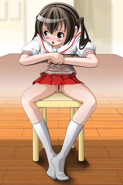 takapi (chimee house), minami kana, minami-ke, bad id, bad pixiv id, 00s, 1girl, bar censor, blush, brown eyes, brown hair, censored, chair, embarrassed, exhibitionism, feet, female focus, gluteal fold, hair between eyes, indoors, kneehighs, knees apart feet together, long hair, long sleeves, looking to the side, no panties, panties, pantyshot, pleated skirt, public indecency, pussy, red skirt, sailor collar, school uniform, serafuku, short hair, sitting, skirt, socks, solo, spread legs, thighs, twintails, underwear, upskirt, wooden floor, x-ray