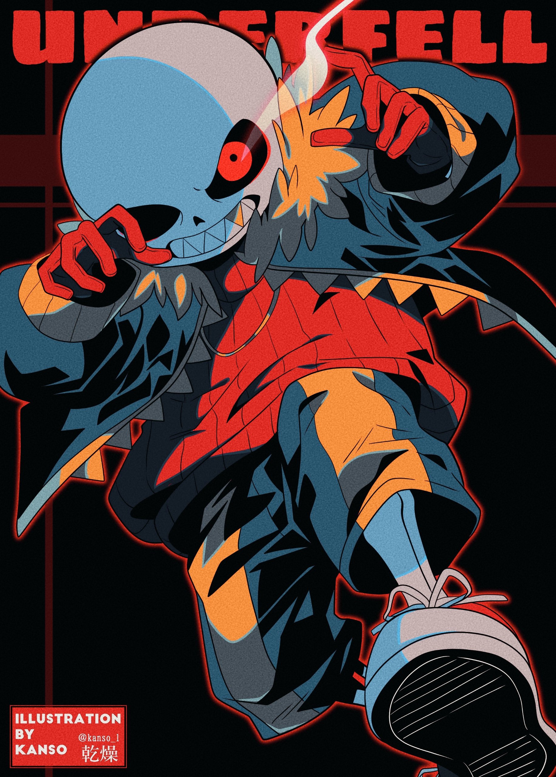 kansou (kanso 1), sans (undertale), underfell, undertale, utdr (toby fox), absurdres, bad id, bad pixiv id, highres, inactive account, 1boy, alternate universe, black background, black jacket, black pants, copyright name, film grain, flaming eye, from below, full body, fur-trimmed jacket, fur trim, gloves, hands up, jacket, long sleeves, male focus, open clothes, open jacket, outline, pants, puffy long sleeves, puffy sleeves, red eyes, red gloves, red outline, red shoes, red sweater, ribbed sweater, shoelaces, shoes, simple background, skeleton, solo, standing, standing on one leg, sweater, twitter username, watermark