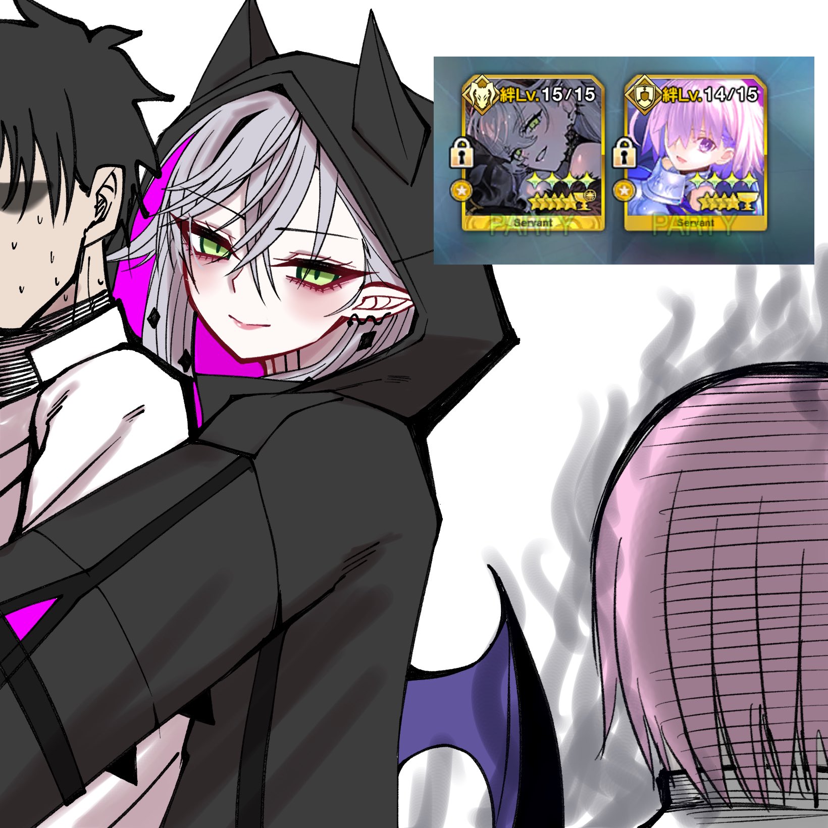 mcpc zamurai, fujimaru ritsuka (male), lilith (fate), lilith (first ascension) (fate), mash kyrielight, fate/grand order, fate (series), highres, 1boy, 2girls, bat wings, black hair, game screenshot inset, green eyes, hood, hoodie, hug, hug from behind, long hair, multiple girls, nervous sweating, pointy ears, short hair, sweat, white hair, wings