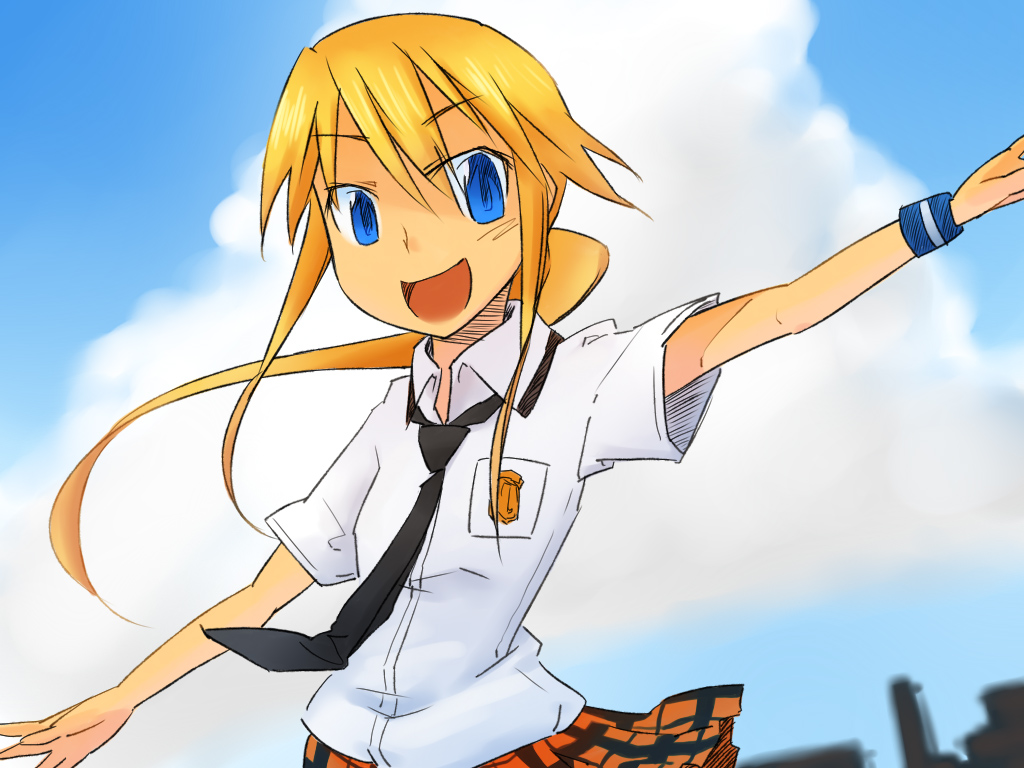 mizumi (artist), kageyama torako, hyakko, bad id, bad pixiv id, 00s, 1girl, blonde hair, blue eyes, female focus, necktie, outdoors, plaid clothes, plaid skirt, school uniform, serafuku, skirt, sky, solo, sweatband