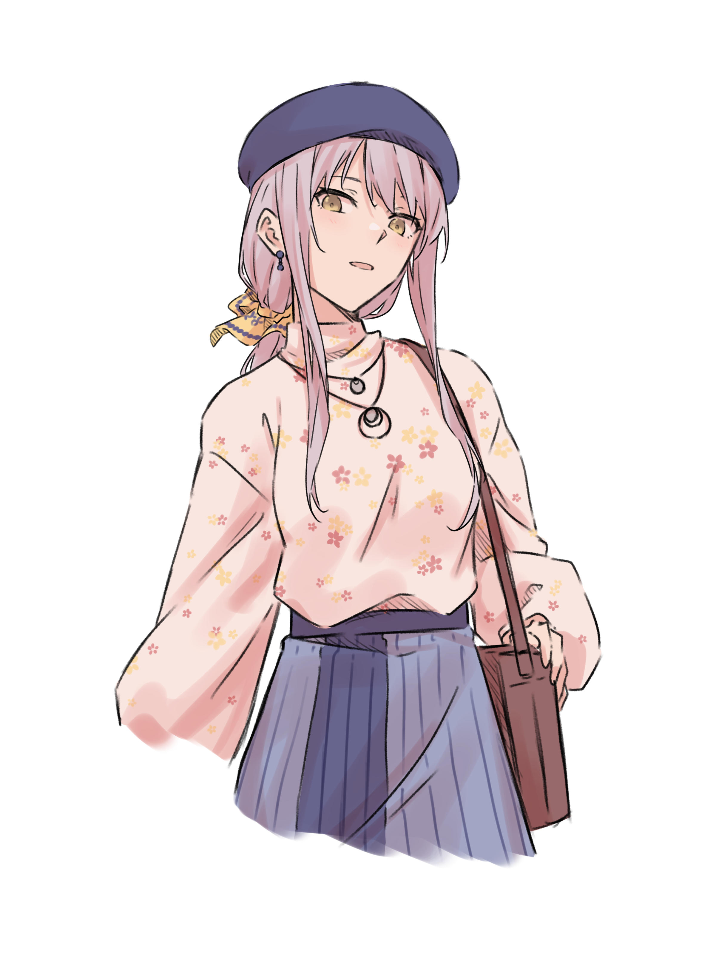 kanade (kanade 3344), minato yukina, bang dream!, absurdres, commentary request, highres, 1girl, bag, beret, blue hat, blue skirt, brown bag, grey hair, hat, jewelry, long hair, looking at viewer, low ponytail, necklace, open mouth, ponytail, shoulder bag, sidelocks, simple background, skirt, solo, white background, yellow eyes