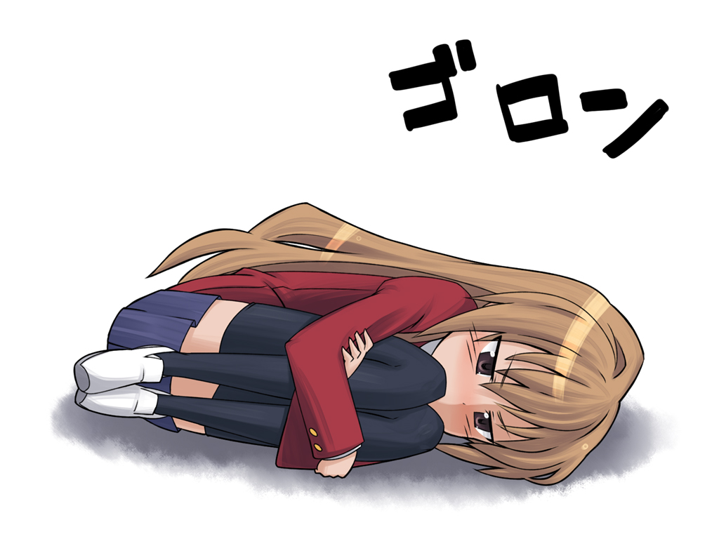 mizumi (artist), aisaka taiga, toradora!, bad id, bad pixiv id, 00s, 1girl, brown eyes, brown hair, female focus, fetal position, full body, gradient background, long hair, plantar flexion, school uniform, serafuku, solo, thighhighs, zettai ryouiki