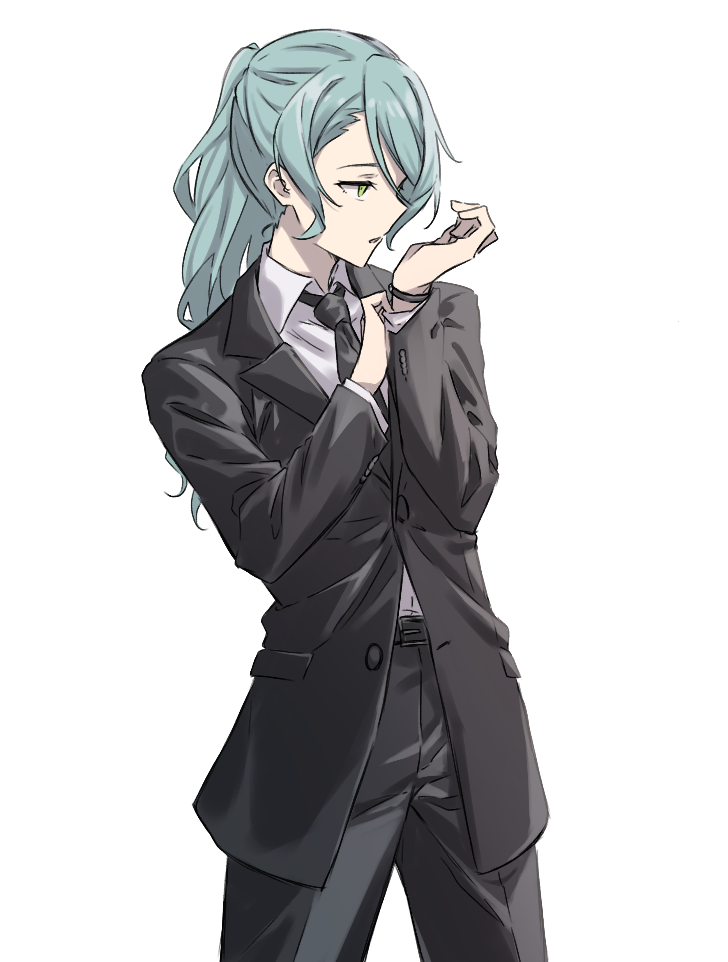 kanade (kanade 3344), hikawa sayo, bang dream!, absurdres, commentary request, highres, 1girl, aqua hair, black jacket, black necktie, black pants, bracelet, collared shirt, green eyes, hair between eyes, hands up, jacket, jewelry, long hair, long hair between eyes, necktie, open mouth, pants, ponytail, shirt, simple background, solo, white background, white shirt