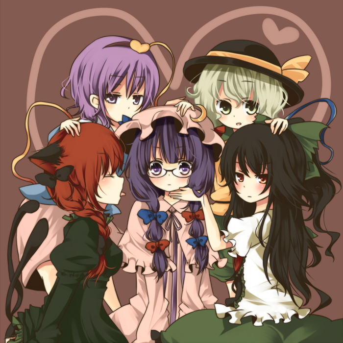 umi (umi02), kaenbyou rin, komeiji koishi, komeiji satori, patchouli knowledge, reiuji utsuho, touhou, bad id, bad pixiv id, 5girls, bow, braid, female focus, harem, multiple girls, twin braids, twintails, yellow bow