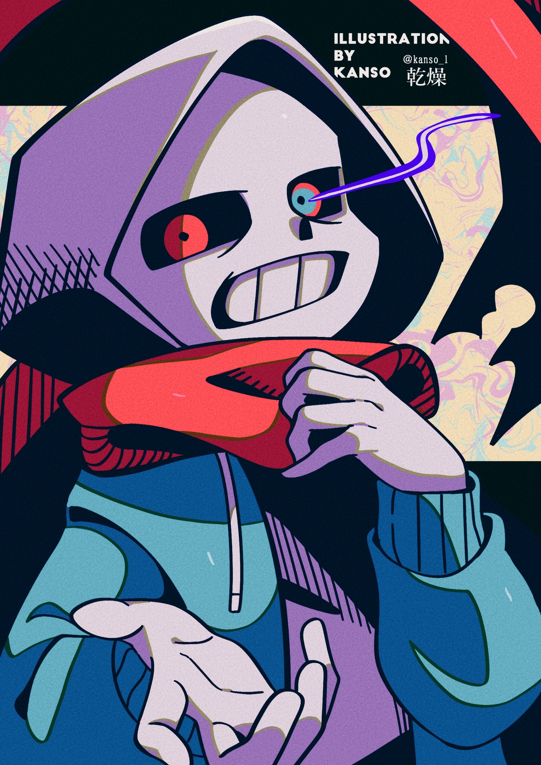 kansou (kanso 1), sans (undertale), dusttale, undertale, utdr (toby fox), absurdres, bad id, bad pixiv id, highres, inactive account, 1boy, alternate universe, blue eyes, blue jacket, clenched teeth, drawstring, film grain, flaming eye, grey hood, hands up, hatching (texture), hood, hood up, hooded jacket, jacket, letterboxed, long sleeves, male focus, multicolored eyes, open clothes, open jacket, outside border, puffy long sleeves, puffy sleeves, red eyes, red scarf, scarf, simple background, skeleton, solo, teeth, twitter username, two-tone eyes, upper body, watermark, yellow background