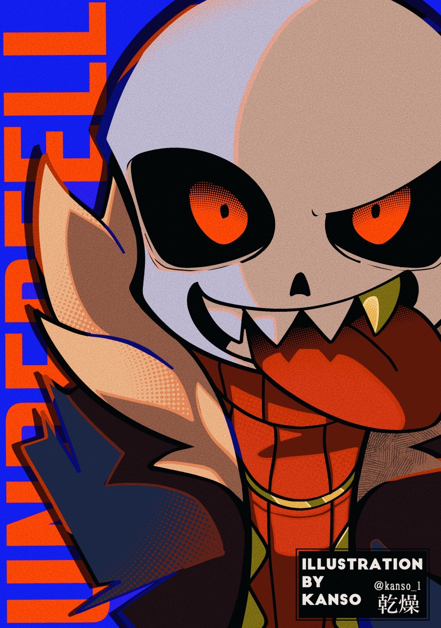 kansou (kanso 1), sans (undertale), underfell, undertale, utdr (toby fox), bad id, bad pixiv id, highres, inactive account, 1boy, :d, alternate universe, black jacket, black sclera, blue background, colored sclera, copyright name, film grain, fur-trimmed jacket, fur trim, gold teeth, halftone, jacket, male focus, open clothes, open jacket, open mouth, red eyes, red sweater, ribbed sweater, sharp teeth, simple background, smile, straight-on, sweater, teeth, tongue, tongue out, turtleneck, turtleneck sweater, twitter username, upper body, watermark