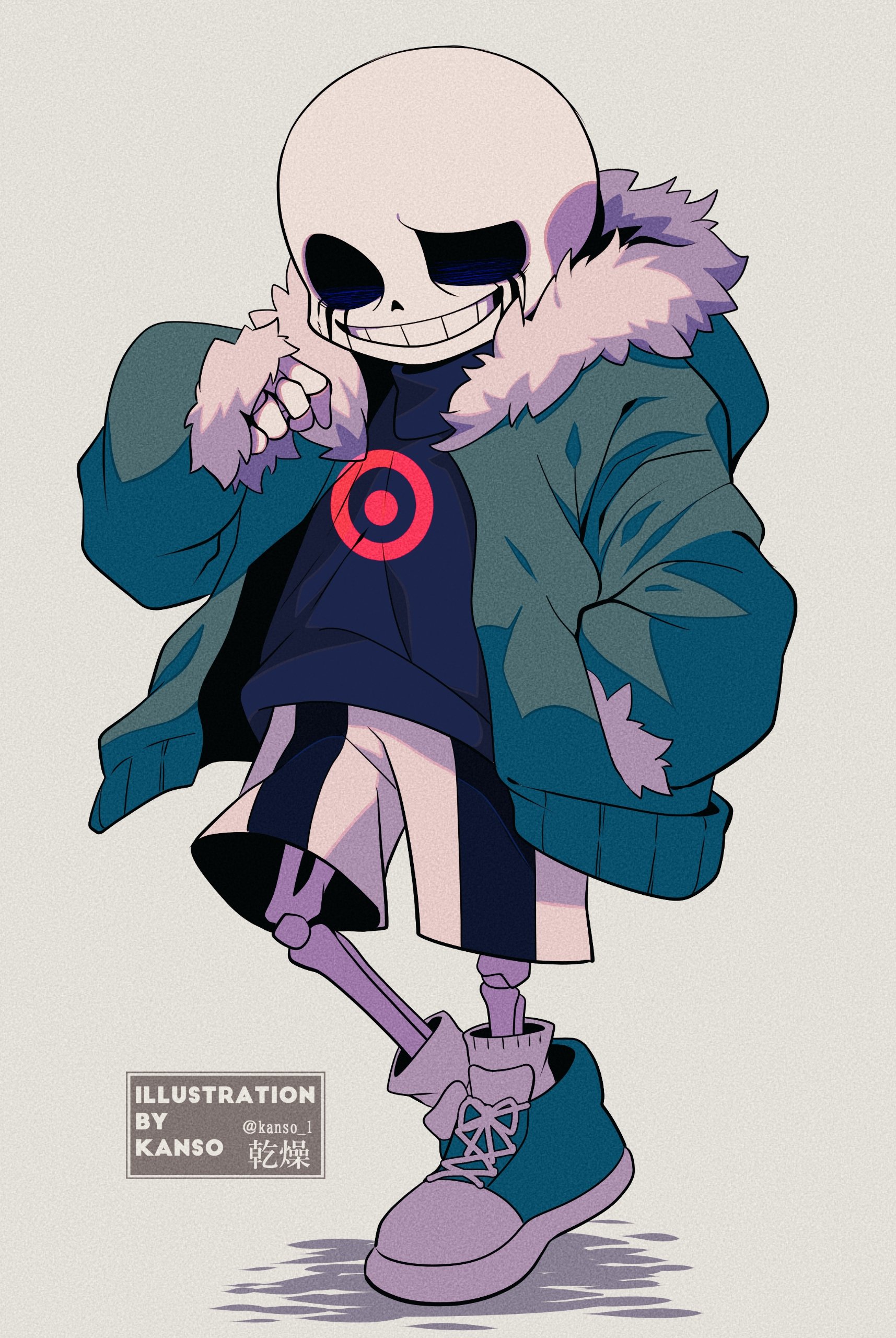 kansou (kanso 1), sans (undertale), undertale, utdr (toby fox), absurdres, bad id, bad pixiv id, highres, inactive account, 1boy, :d, alternate universe, ankle socks, aqua shoes, black sweater, film grain, full body, fur-trimmed jacket, fur-trimmed sleeves, fur trim, green jacket, grey background, hand in pocket, hand up, hollow eyes, jacket, killer sans, knees apart feet together, liquid from eyes, long sleeves, male focus, open clothes, open jacket, open mouth, puffy long sleeves, puffy sleeves, shadow, shoelaces, shoes, shorts, simple background, skeleton, sleeves past wrists, smile, socks, standing, sweater, turtleneck, turtleneck sweater, twitter username, undertale: something new, watermark, white shorts, white socks