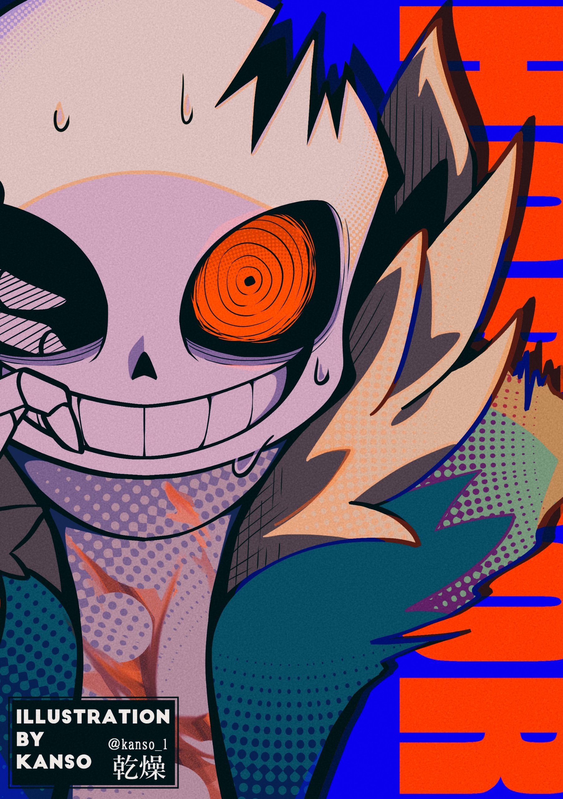 kansou (kanso 1), sans (undertale), horrortale, undertale, utdr (toby fox), absurdres, bad id, bad pixiv id, highres, inactive account, 1boy, :d, alternate universe, black sclera, blood, blood on clothes, blue background, blue jacket, colored sclera, copyright name, film grain, fur-trimmed jacket, fur trim, grin, halftone, hand on own cheek, hand on own face, hand up, jacket, looking at viewer, male focus, open clothes, open jacket, open mouth, red eyes, ringed eyes, simple background, smile, solo, straight-on, sweat, sweater, turtleneck, turtleneck sweater, twitter username, upper body, watermark, white sweater