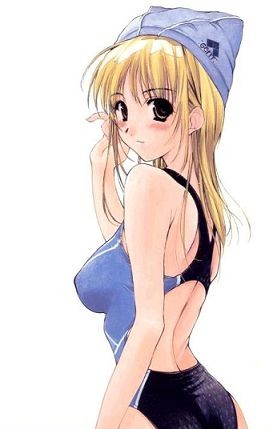 lowres, non-web source, ass, black eyes, blonde hair, competition swimsuit, long hair, looking back, one-piece swimsuit, solo, swim cap, swimsuit
