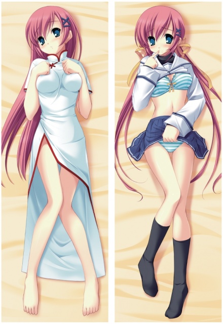 yaegashi nan, shirakawa nanaka, da capo, da capo ii, 00s, 1girl, barefoot, blue eyes, china dress, chinese clothes, clothes lift, dakimakura (medium), dress, long hair, lying, multiple views, pink hair, school uniform, serafuku, shirt lift, skirt, skirt lift, twintails