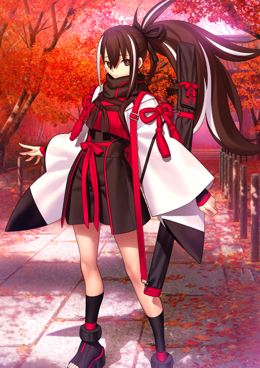 takeuchi takashi, fate/grand order, fate (series), game cg, official art, third-party source, 1girl, black hair, black sandals, black scarf, black shorts, black socks, breasts, brown eyes, closed mouth, expressionless, full body, hair between eyes, hair tie, japanese clothes, kawakami gensai (fate), layered sleeves, long sleeves, looking at viewer, medium breasts, medium hair, multicolored hair, outdoors, platform sandals, ponytail, red theme, sandals, scarf, shorts, sidelocks, socks, solo, standing, streaked hair, toes, tree, two-tone hair, weapon bag