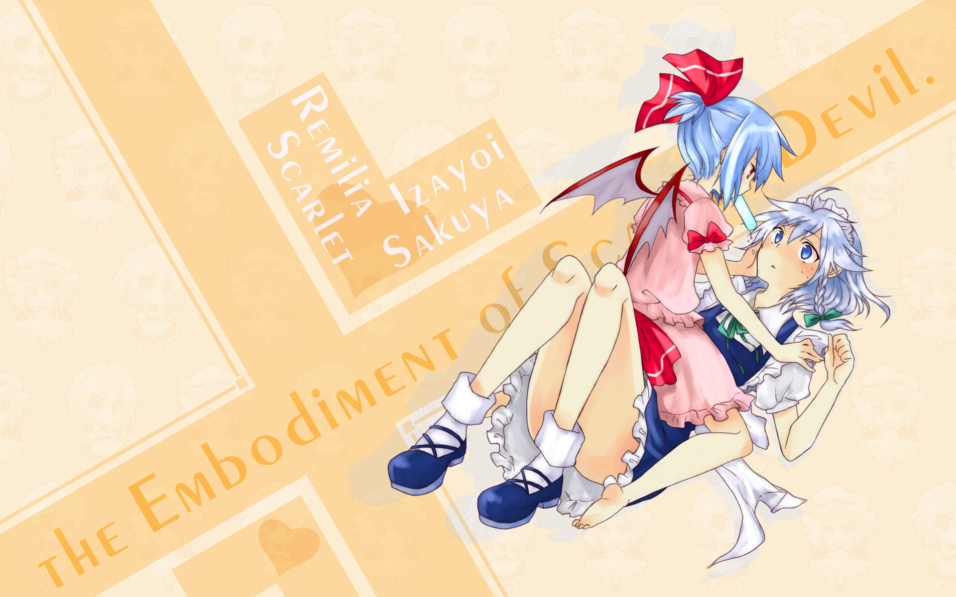 izayoi sakuya, remilia scarlet, touhou, silver hair, artist request, highres, 2girls, blue hair, blush, female focus, food, ice cream, maid, multiple girls, ribbon, short hair, wings