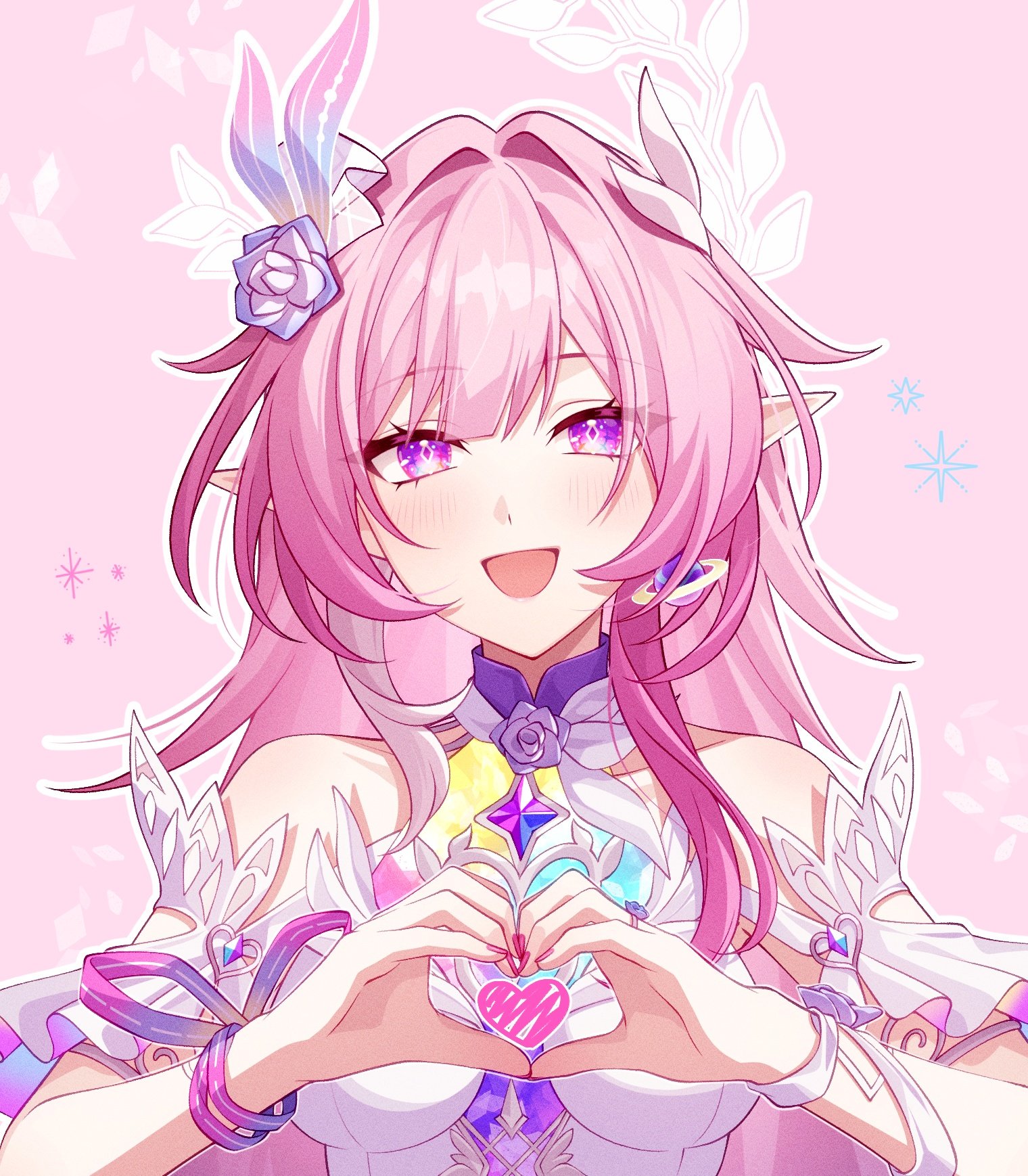pochimaru (marumaru wanwan), cyrene (honkai: star rail), cyrene (ripples of past reverie) (honkai: star rail), honkai: star rail, honkai (series), commentary, highres, 1girl, :d, armlet, bare shoulders, breasts, diamond-shaped pupils, diamond (shape), earrings, hair intakes, hair ornament, heart, heart hands, jewelry, long hair, looking at viewer, medium breasts, nail polish, open mouth, pink hair, pink nails, pointy ears, purple eyes, smile, solo, symbol-shaped pupils