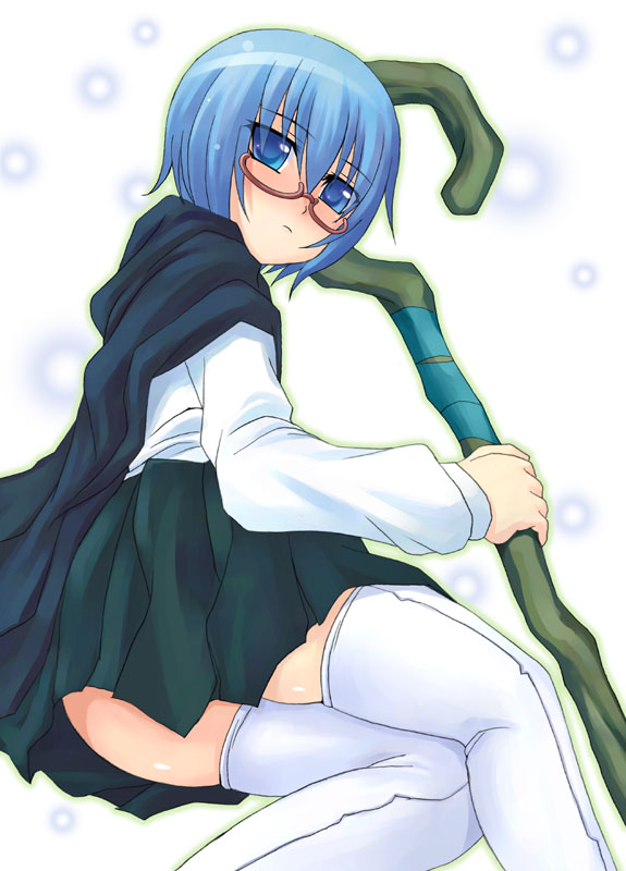 genshi, tabitha (zero no tsukaima), zero no tsukaima, bad id, bad pixiv id, 00s, blue eyes, blue hair, cape, glasses, school uniform, serafuku, short hair, solo, staff, thighhighs, zettai ryouiki