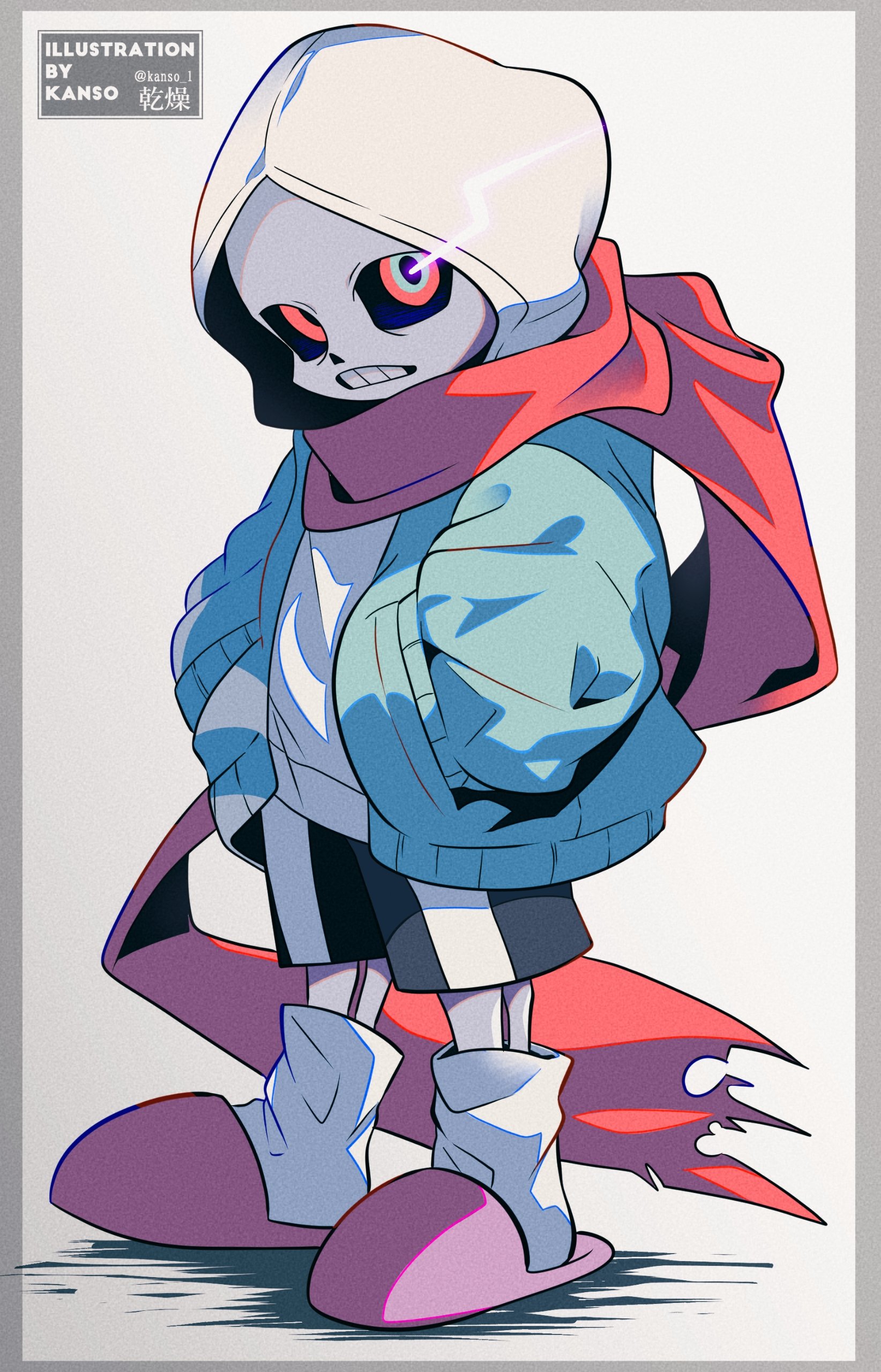 kansou (kanso 1), sans (undertale), dusttale, undertale, utdr (toby fox), absurdres, bad id, bad pixiv id, highres, inactive account, 1boy, alternate universe, ankle socks, black shorts, blue eyes, blue jacket, border, clenched teeth, film grain, flaming eye, grey border, hands in pockets, hood, hood up, hooded jacket, jacket, male focus, multicolored eyes, open clothes, open jacket, pink slippers, red eyes, red scarf, scarf, shadow, shirt, shorts, simple background, slippers, socks, standing, teeth, twitter username, two-tone eyes, watermark, white background, white hood, white shirt, white socks