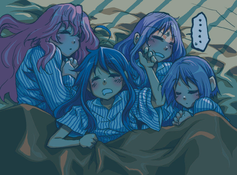 takanashi ringo, hiiragi kagami, hiiragi tsukasa, izumi konata, takara miyuki, lucky star, 00s, 4girls, blue hair, long hair, multiple girls, pajamas, pink hair, purple hair, short hair, siblings, sisters, sleeping, twins