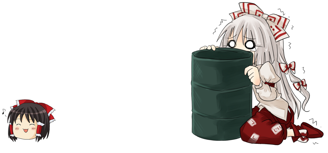 nako (yukkuri), niji (nijioki), fujiwara no mokou, hakurei reimu, touhou, non-web source, 1girl, barrel, drum (container), female focus, musical note, o o, scared, solo, tears, trembling, white hair, yukkuri shiteitte ne