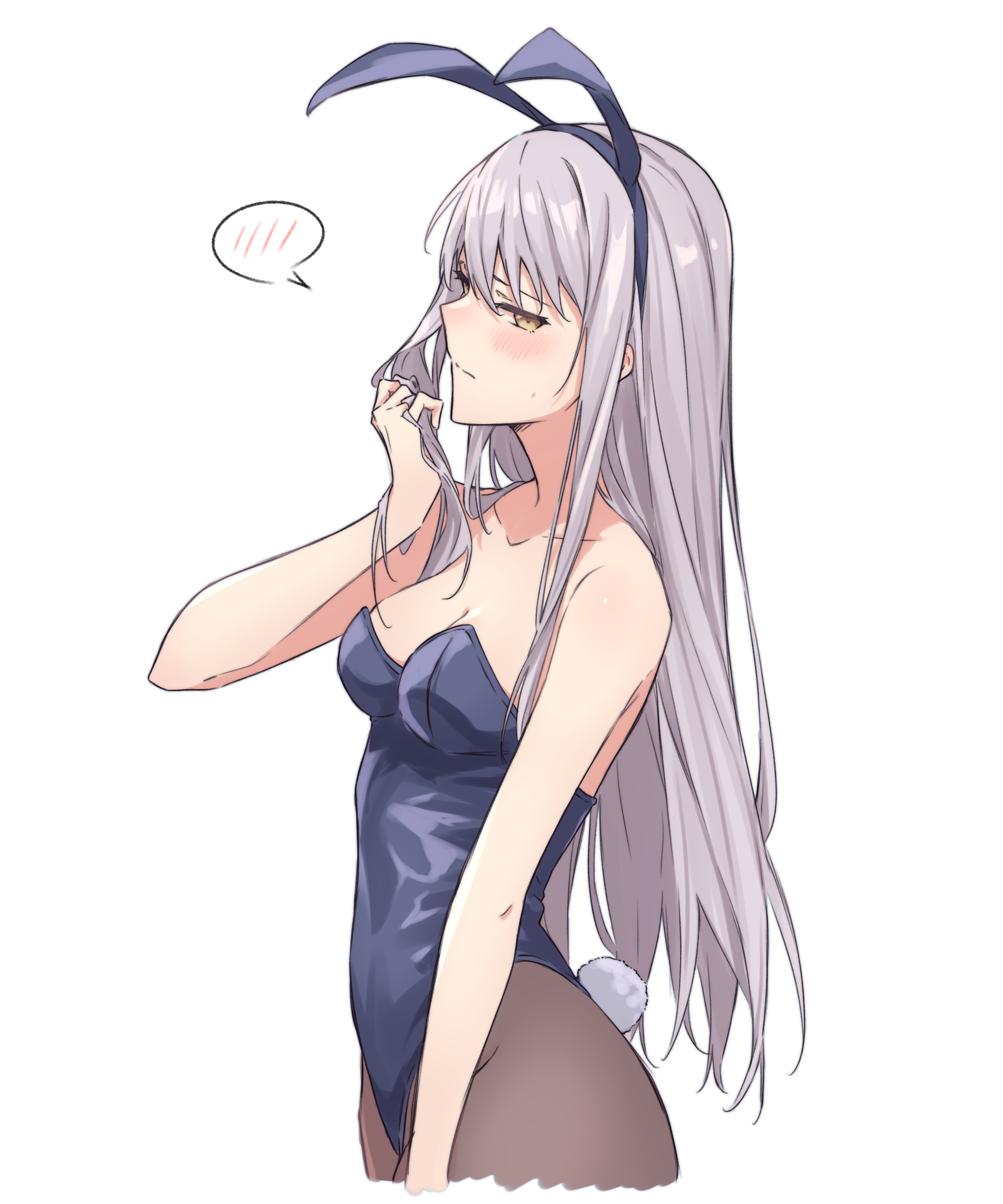 kanade (kanade 3344), minato yukina, bang dream!, absurdres, commentary request, highres, 1girl, animal ears, black pantyhose, blue leotard, fake animal ears, fake tail, grey hair, holding, holding own hair, leotard, long hair, pantyhose, playboy bunny, rabbit ears, rabbit tail, simple background, solo, spoken blush, strapless, strapless leotard, tail, white background, yellow eyes