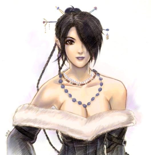 lulu (ff10), final fantasy, final fantasy x, 00s, 1girl, bare shoulders, belt, black hair, breasts, censored, cleavage, dress, eyeshadow, female focus, hair over one eye, jewelry, long hair, makeup, medium breasts, mole, mole under mouth, necklace, smile, solo, strapless, strapless dress, upper body