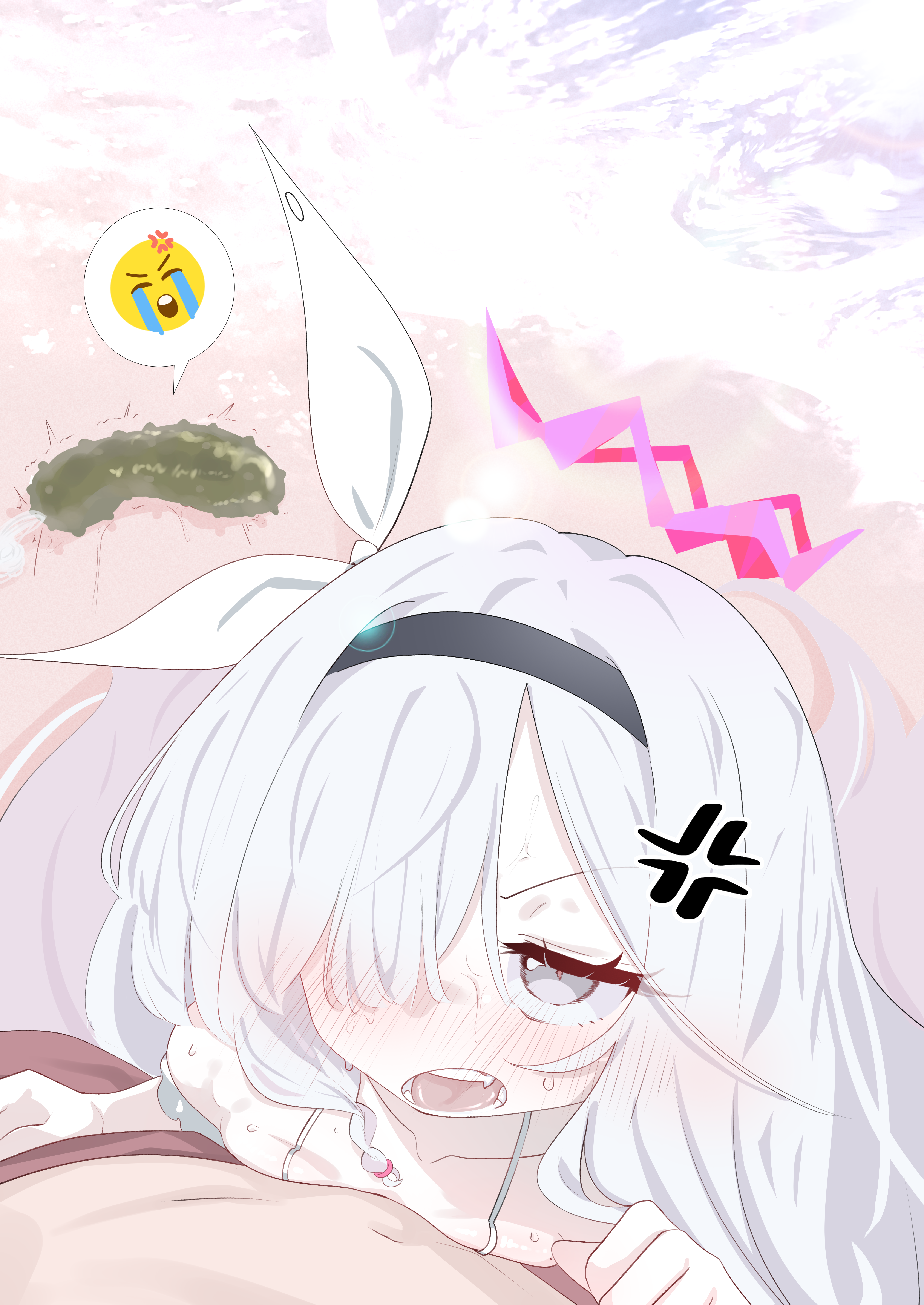 sharp to sharp, plana (blue archive), blue archive, absurdres, highres, 1boy, 1girl, anger vein, bikini, black hairband, blush, breast press, breasts, crying emoji, cucumber, emoji, hair over one eye, hairband, halo, long hair, pink halo, small breasts, swimsuit, white bikini, white hair