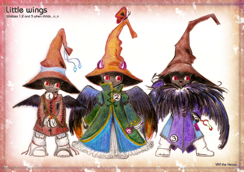 vivi the heiwa, black mage (final fantasy), black waltz, final fantasy, final fantasy ix, 00s, black skin, child, coat, colored skin, dark skin, dress, english text, engrish text, hat, horns, ranguage, red eyes, smile, wings, witch hat, wizard hat