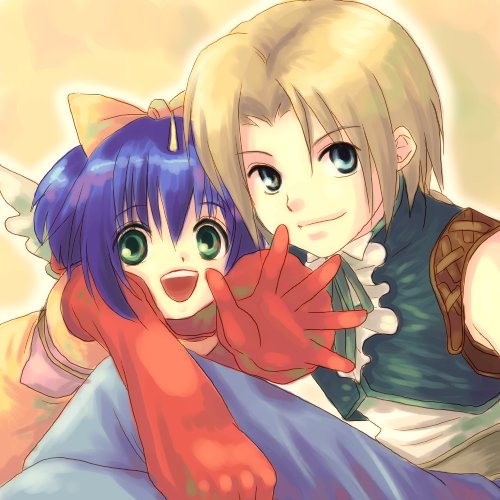 eiko carol, zidane tribal, final fantasy, final fantasy ix, lowres, 00s, 1boy, 1girl, blonde hair, blue eyes, blue hair, bow, child, green eyes, hair bow, horns, open mouth, single horn, smile, wings, yellow bow