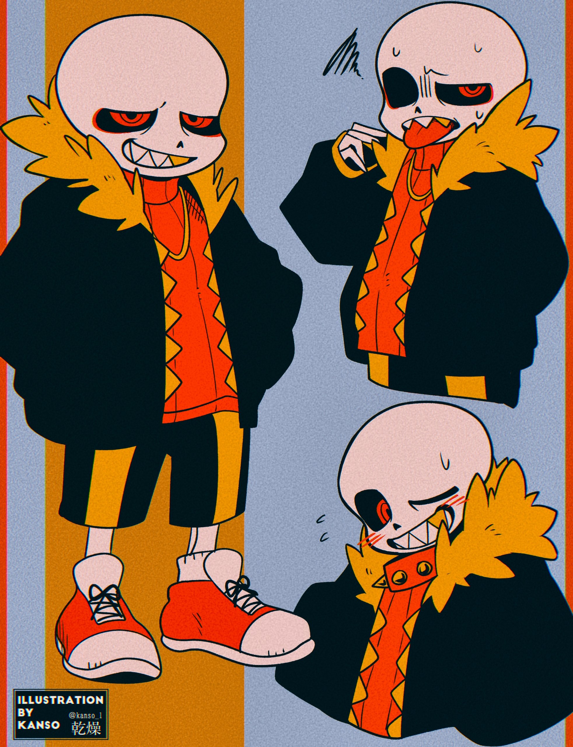 kansou (kanso 1), sans (undertale), underfell, undertale, utdr (toby fox), absurdres, bad id, bad pixiv id, highres, inactive account, 1boy, :d, ;d, alternate universe, ankle socks, black jacket, black sclera, black shorts, blue background, blush, choker, chromatic aberration, colored sclera, cropped legs, cropped torso, film grain, flying sweatdrops, full body, fur-trimmed jacket, fur trim, hand in pocket, hand up, hands in pockets, jacket, looking at viewer, male focus, multiple views, one eye closed, open clothes, open jacket, open mouth, orange background, pillarboxed, red choker, red eyes, red shoes, red sweater, ribbed sweater, ringed eyes, sharp teeth, shoelaces, shoes, shorts, simple background, smile, socks, spiked choker, spikes, squiggle, standing, sweat, sweater, teeth, tongue, tongue out, turtleneck, turtleneck sweater, twitter username, two-tone background, uneven eyes, watermark, white socks