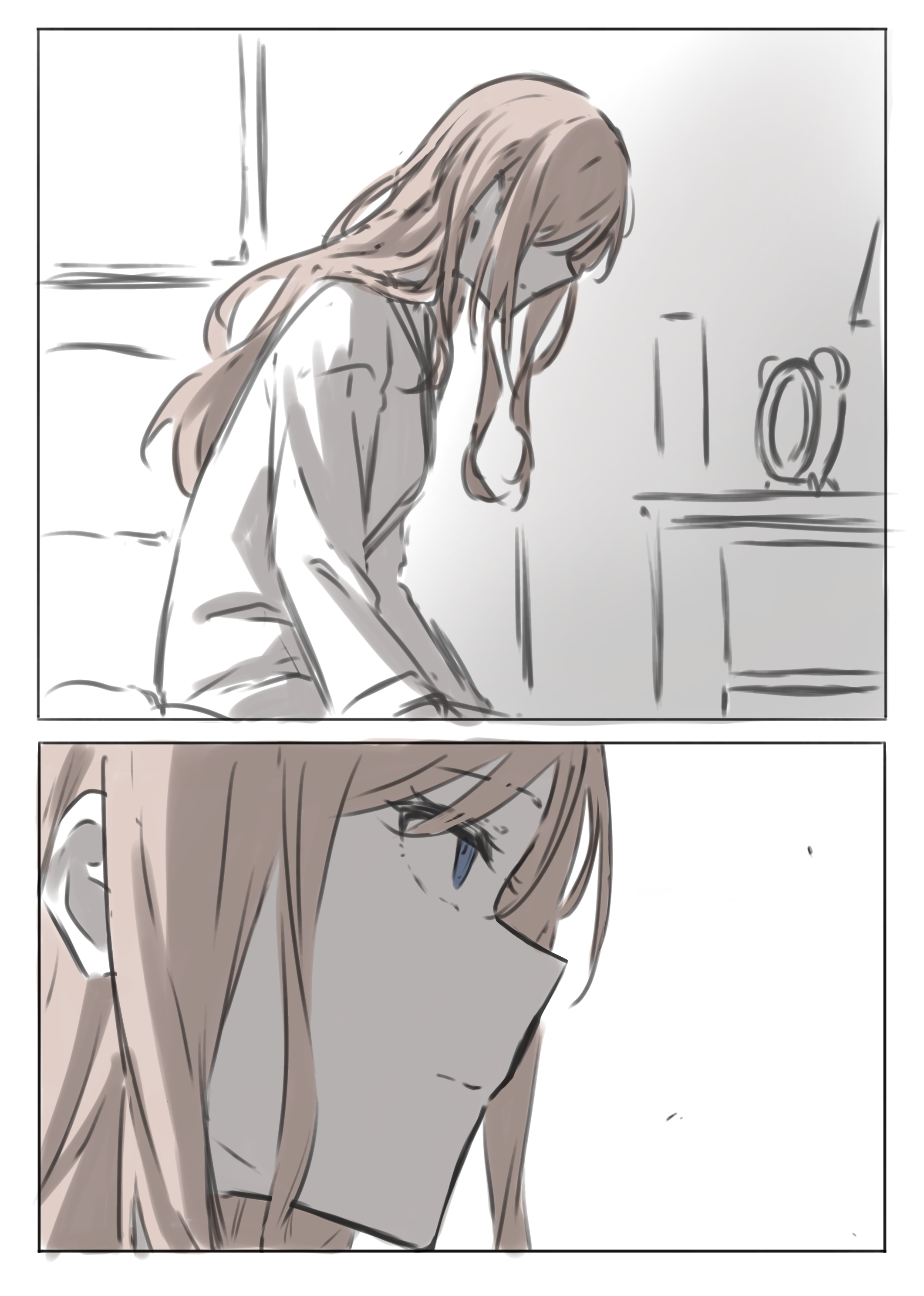 kanade (kanade 3344), nagasaki soyo, bang dream!, bang dream! it's mygo!!!!!, absurdres, commentary request, highres, 1girl, alarm clock, blue eyes, brown hair, clock, closed mouth, long hair, long sleeves, pajamas, shirt, sidelocks