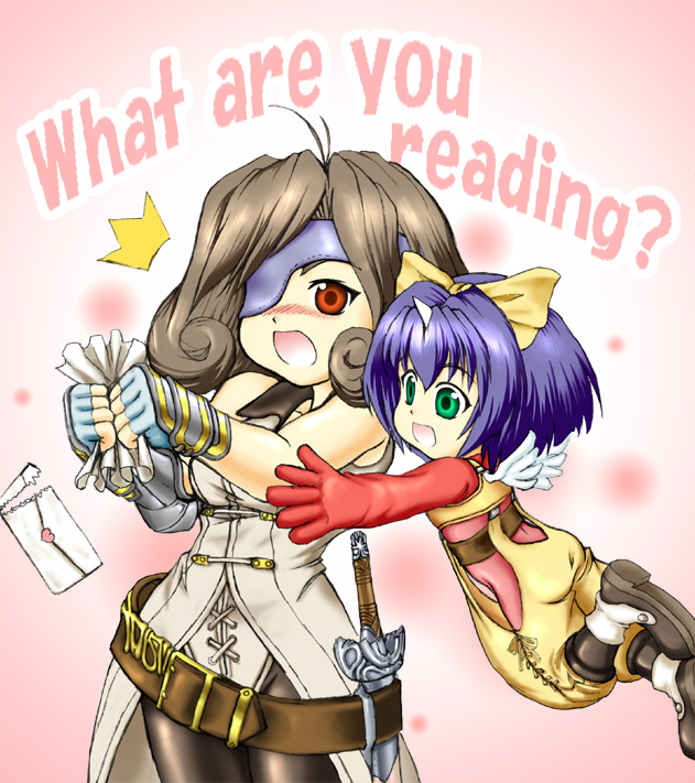 asame2, beatrix, eiko carol, asame shinbun, final fantasy, final fantasy ix, 00s, 2girls, ^^^, belt, blue hair, blush, bodysuit, bow, brown hair, child, english text, envelope, eyepatch, green eyes, hair bow, hip focus, horns, letter, multiple girls, pantyhose, ranguage, red eyes, single horn, surprised, wings, yellow bow