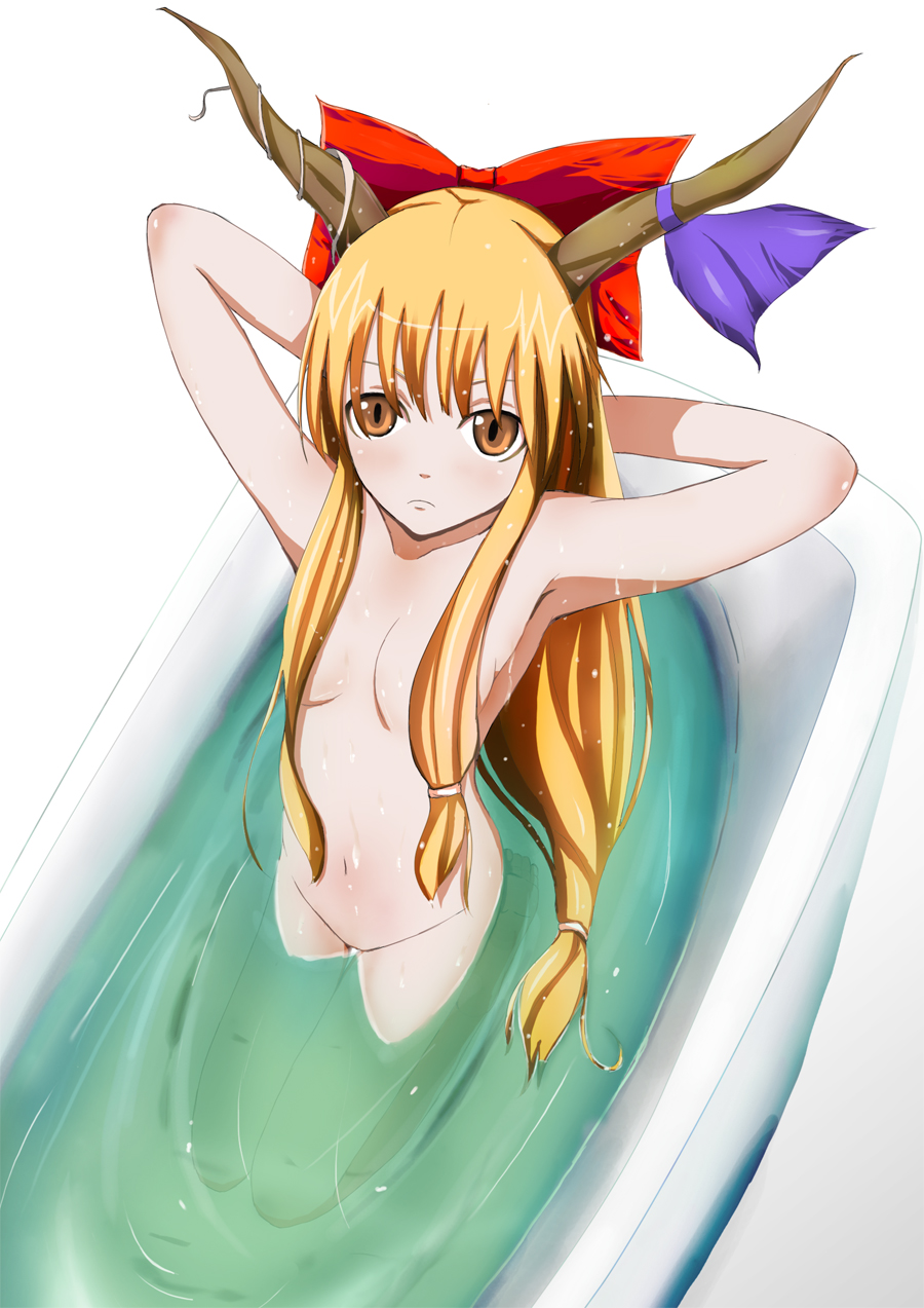 karu mono, karukei, ibuki suika, touhou, bad id, bad pixiv id, highres, 1girl, bath, bathtub, blonde hair, brown eyes, female focus, horns, long hair, nude, ribbon, solo, water, white background