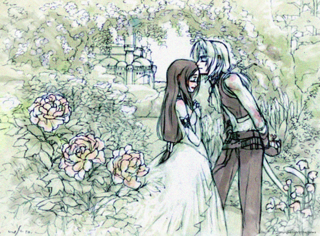vivi the heiwa, garnet til alexandros xvii, zidane tribal, final fantasy, final fantasy ix, painting (medium), traditional media, watercolor (medium), 00s, 1boy, 1girl, blonde hair, brown hair, closed eyes, couple, dress, flower, hetero, kiss, kissing forehead, long hair, low-tied long hair, official alternate costume, tail, wedding dress