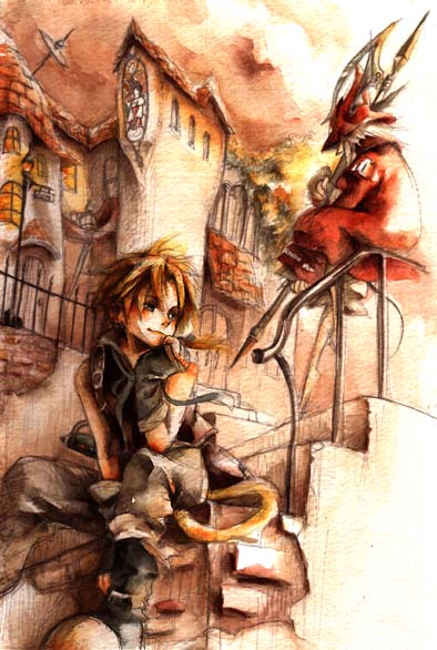 dragoon (final fantasy), freya crescent, zidane tribal, final fantasy, final fantasy ix, 00s, 1boy, 1girl, blonde hair, burmecian, dragoon, hat, polearm, ponytail, sitting, smile, spear, tail, weapon, white hair