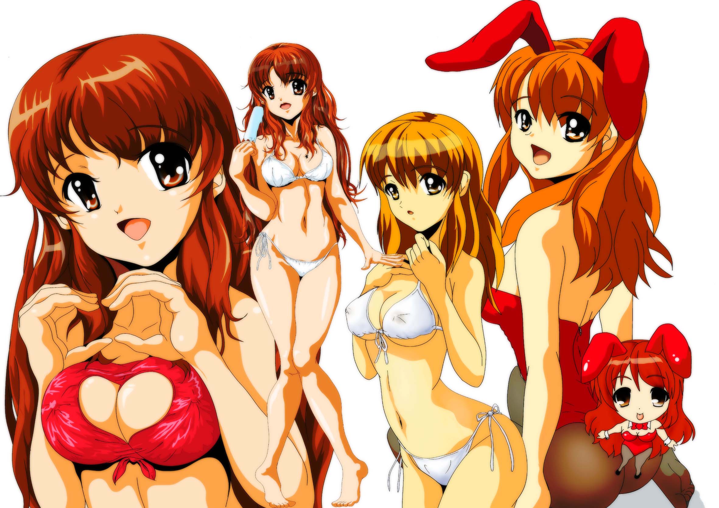 nanashi noiji, asahina mikuru, suzumiya haruhi no yuuutsu, highres, jpeg artifacts, 00s, 1girl, animal ears, arched back, ass, back, barefoot, bikini, breast tattoo, breasts, brown eyes, brown hair, chibi, cleavage, cleavage cutout, clothing cutout, collage, covered erect nipples, cowboy shot, fake animal ears, feet, food, from side, front-tie bikini top, front-tie top, full body, hair between eyes, highleg, highleg bikini, large breasts, legs, legs together, long hair, looking back, medium breasts, multiple views, navel, open mouth, pantyhose, parted bangs, playboy bunny, popsicle, rabbit ears, side-tie bikini bottom, simple background, sitting, smile, spread legs, standing, star (symbol), star tattoo, string bikini, swimsuit, tattoo, underboob, very long hair, white background, white bikini, wide hips