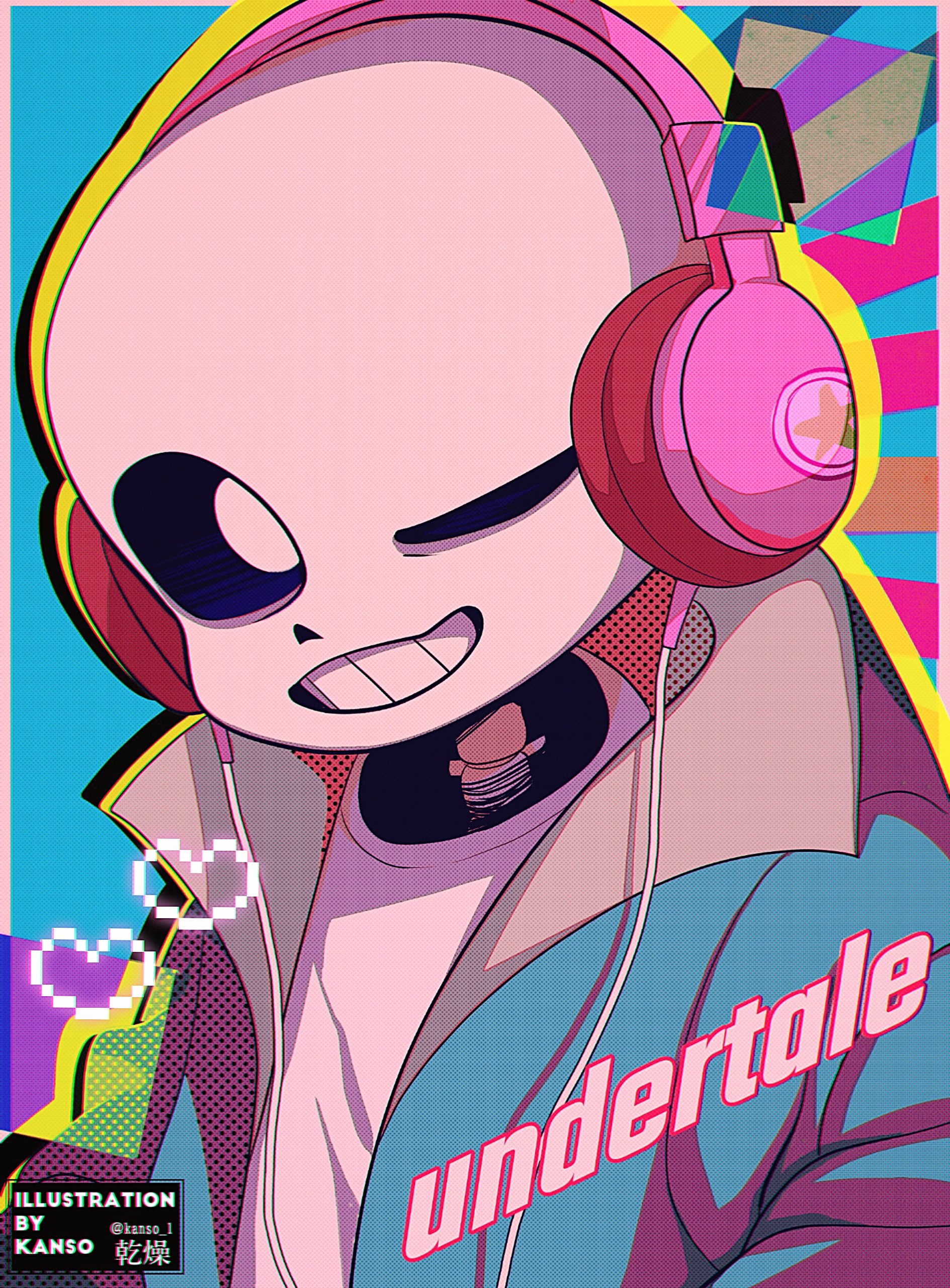 kansou (kanso 1), sans (undertale), undertale, utdr (toby fox), absurdres, bad id, bad pixiv id, highres, inactive account, 1boy, :d, blue background, blue jacket, border, chromatic aberration, copyright name, grey hood, grin, halftone, head tilt, headphones, heart, hood, hood down, hooded jacket, jacket, male focus, no pupils, open clothes, open jacket, open mouth, pink border, shirt, simple background, skeleton, smile, star (symbol), twitter username, upper body, watermark, white eyes, white shirt
