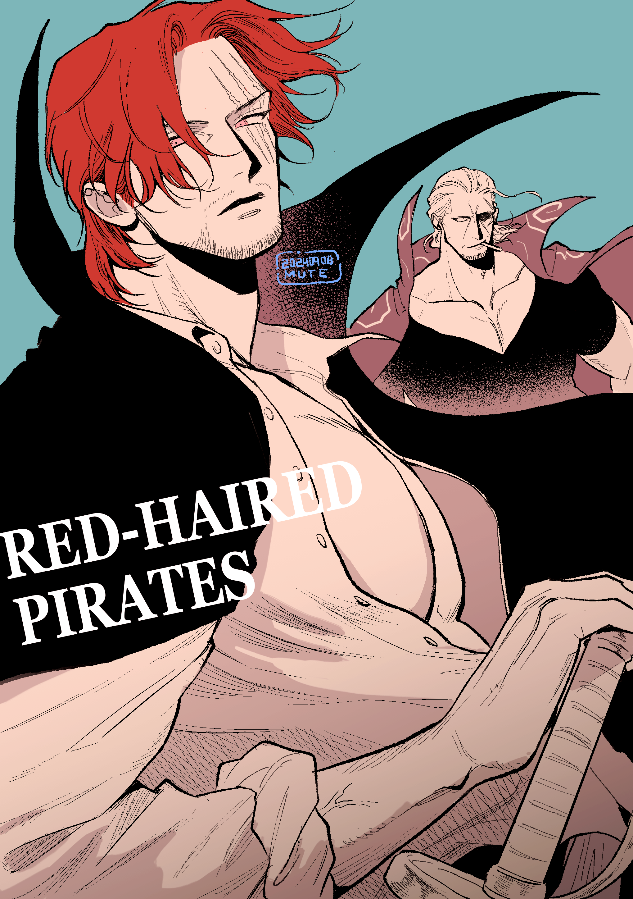 momoh jiyucho, benn beckman, shanks (one piece), one piece, absurdres, highres, 2boys, blue background, buttons, cigar, closed mouth, collarbone, english text, hair slicked back, high collar, looking at viewer, male focus, multiple boys, pectoral cleavage, pectorals, red hair, scar, scar across eye, scar on face, short hair, smoking, sparse stubble