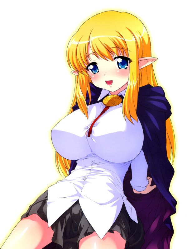 tim tim machine, tiffania westwood, zero no tsukaima, non-web source, 00s, 1girl, blonde hair, blue eyes, blush, breasts, cape, elf, female focus, gradient background, impossible clothes, impossible shirt, large breasts, long hair, pointy ears, school uniform, shirt, skirt, solo