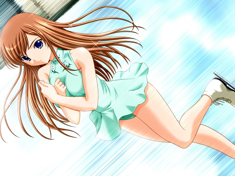 kuroneko (kenchi), ichinose ai, himitsu no houkago 2, game cg, non-web source, 1girl, blue eyes, brown hair, dress, dutch angle, female focus, figure skater, ice skates, ice skating, long hair, motion blur, panties, pantyshot, skates, skating, solo, spinning, underwear