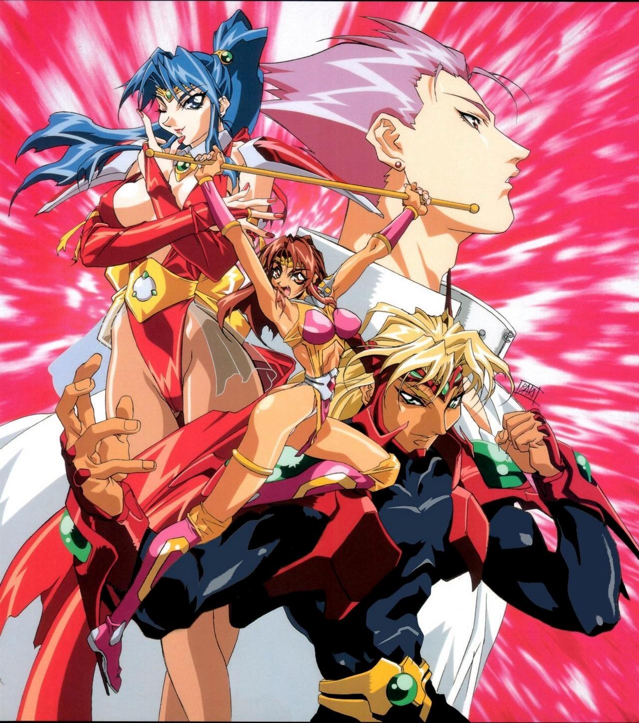 kyosuke, oobari masami, gowcaizer, hishizaki shaia (gowcaizer), son karin, choujin gakuen gowcaizer, technos, dvd, highres, 1990s (style), armor, brown hair, fang, one eye closed, power armor, retro artstyle, wink